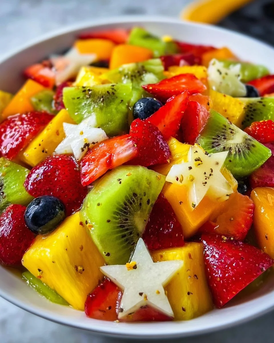 Colorful tropical fruit salad with pineapple, mango, and kiwi in a bowl