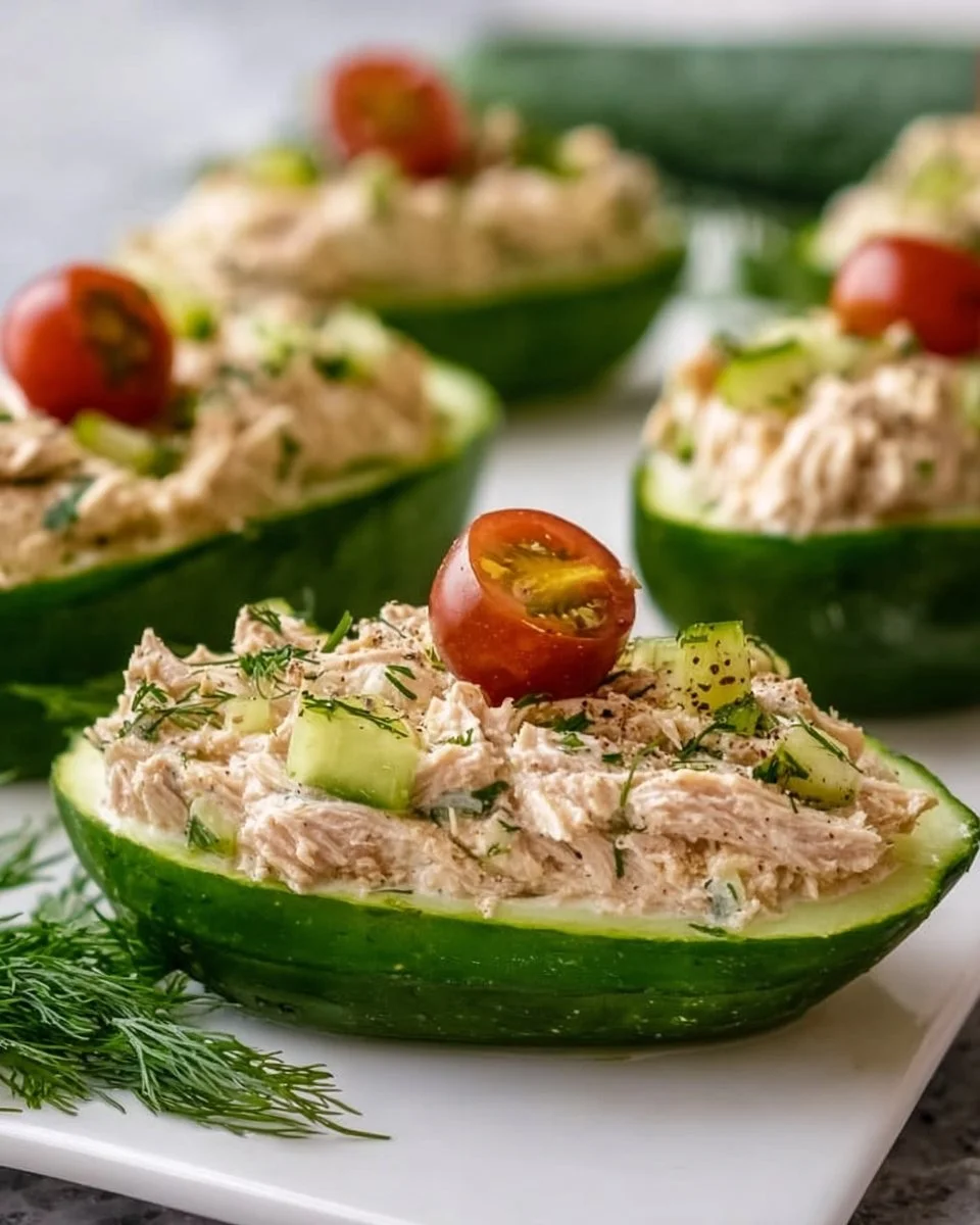 Delicious Tuna Cucumber Boats topped with fresh ingredients