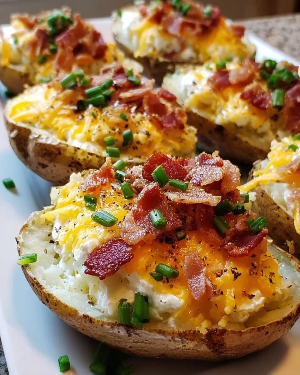 Twice baked loaded breakfast potatoes topped with cheese, bacon, and herbs