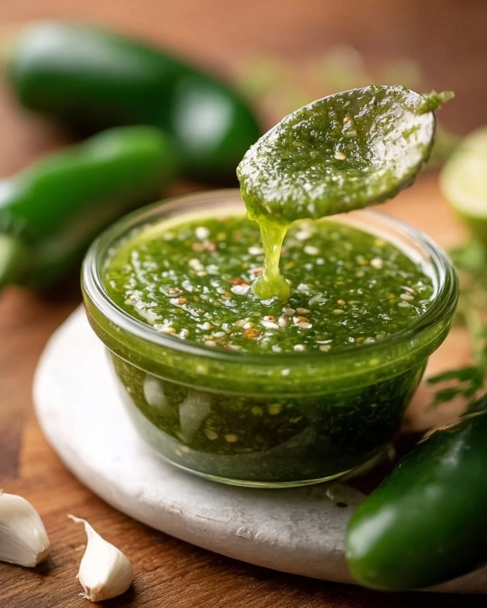 Homemade jalapeño lime hot sauce in a glass bottle with fresh peppers and limes