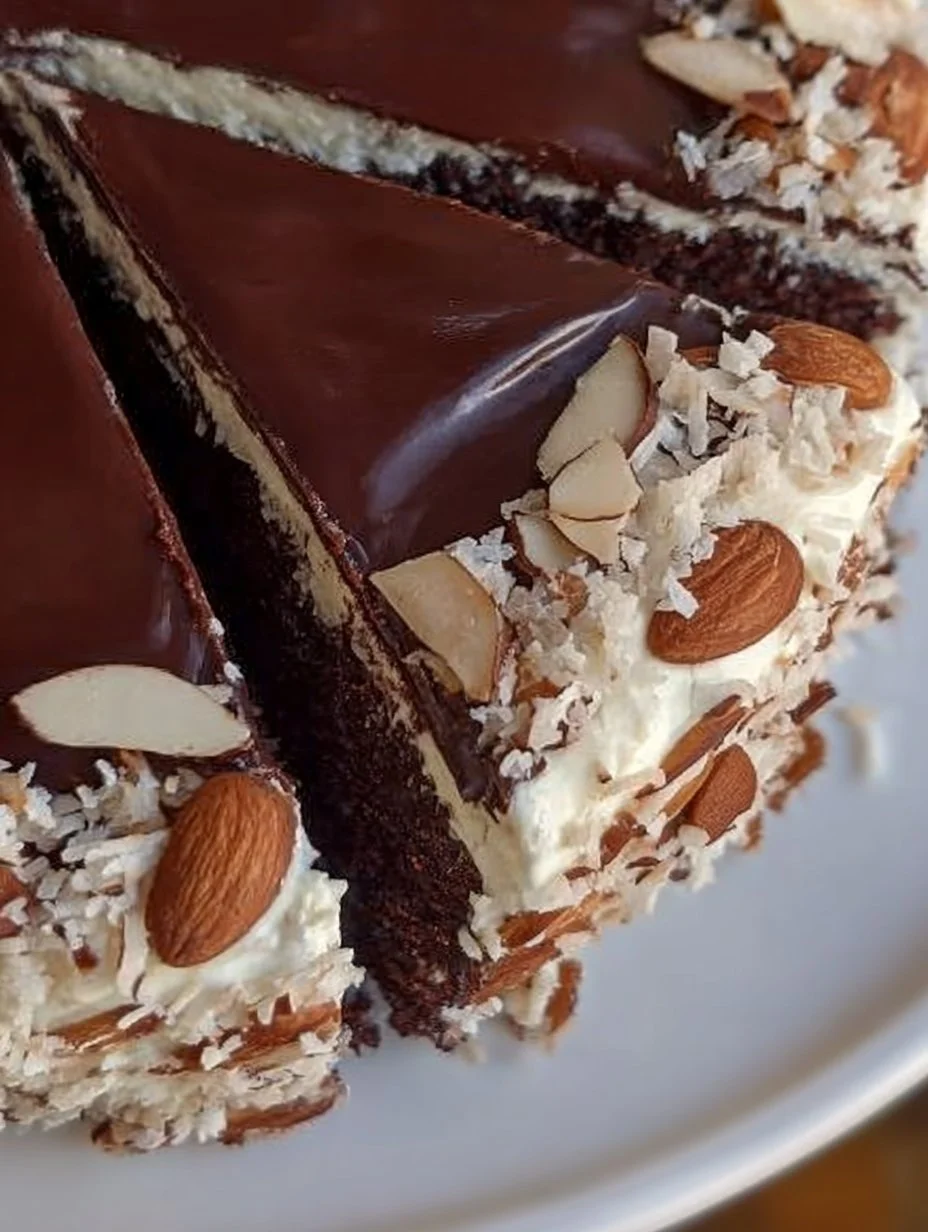 Delicious Almond Joy Cake topped with chocolate and coconut