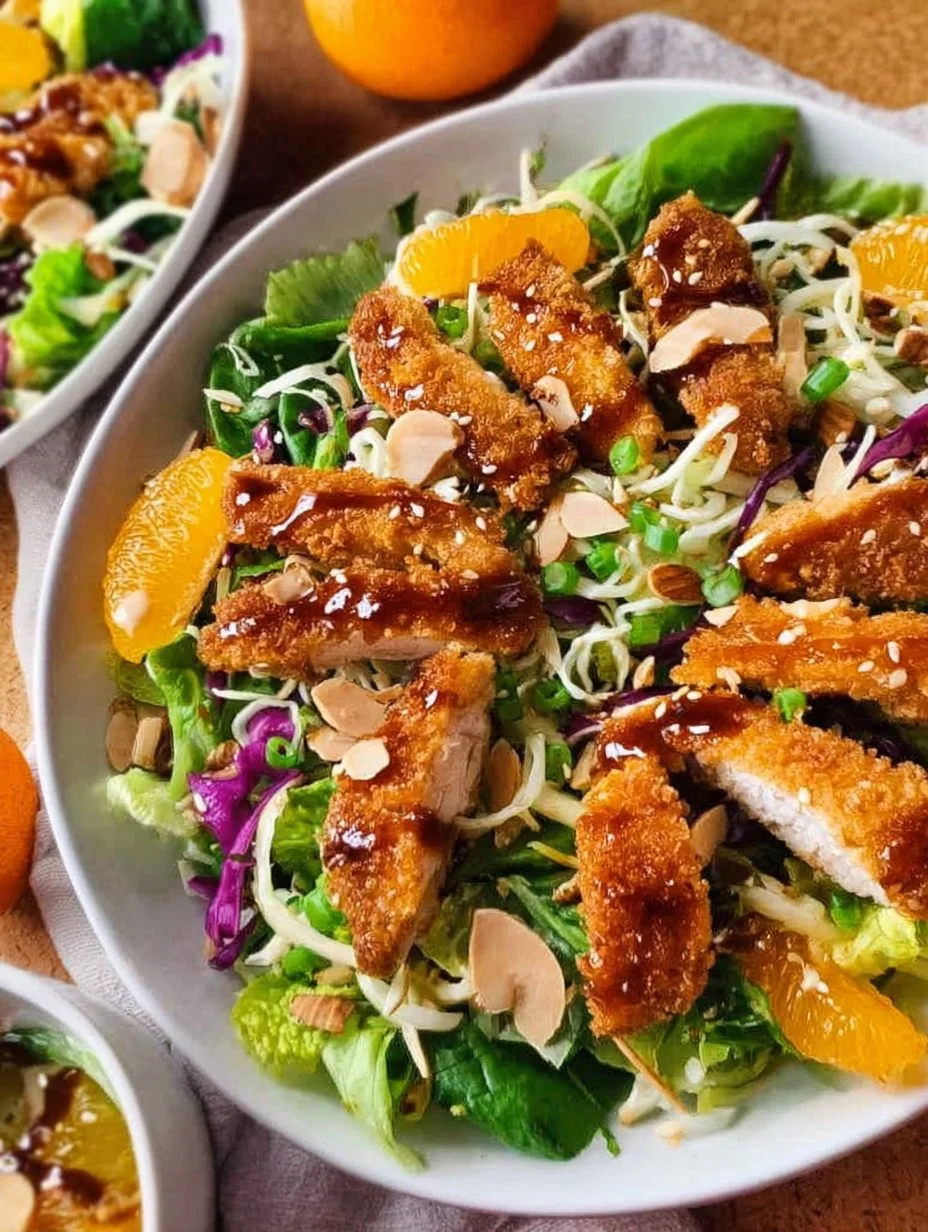 Delicious Asian Chicken Salad topped with colorful vegetables and sesame dressing.