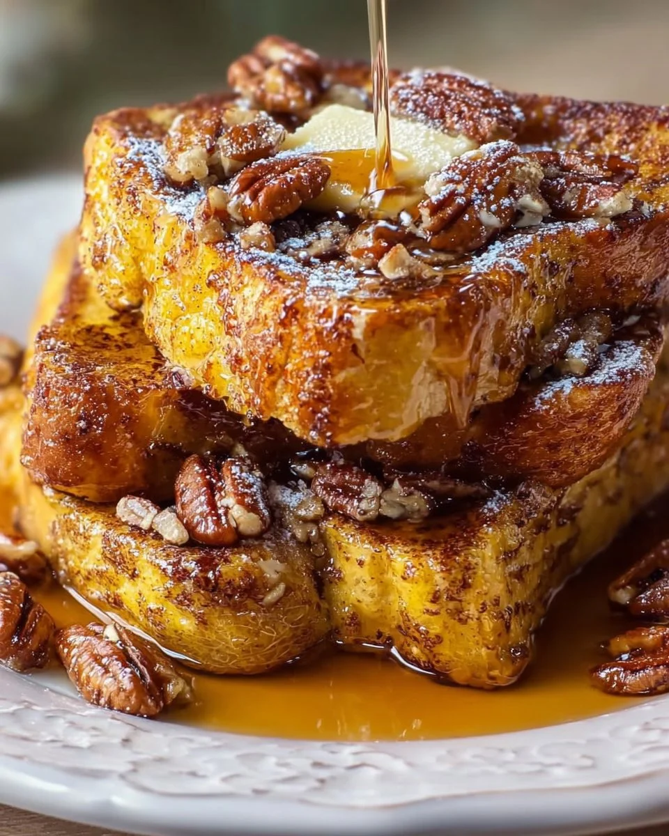 Delicious Baked Pecan French Toast topped with syrup and nuts