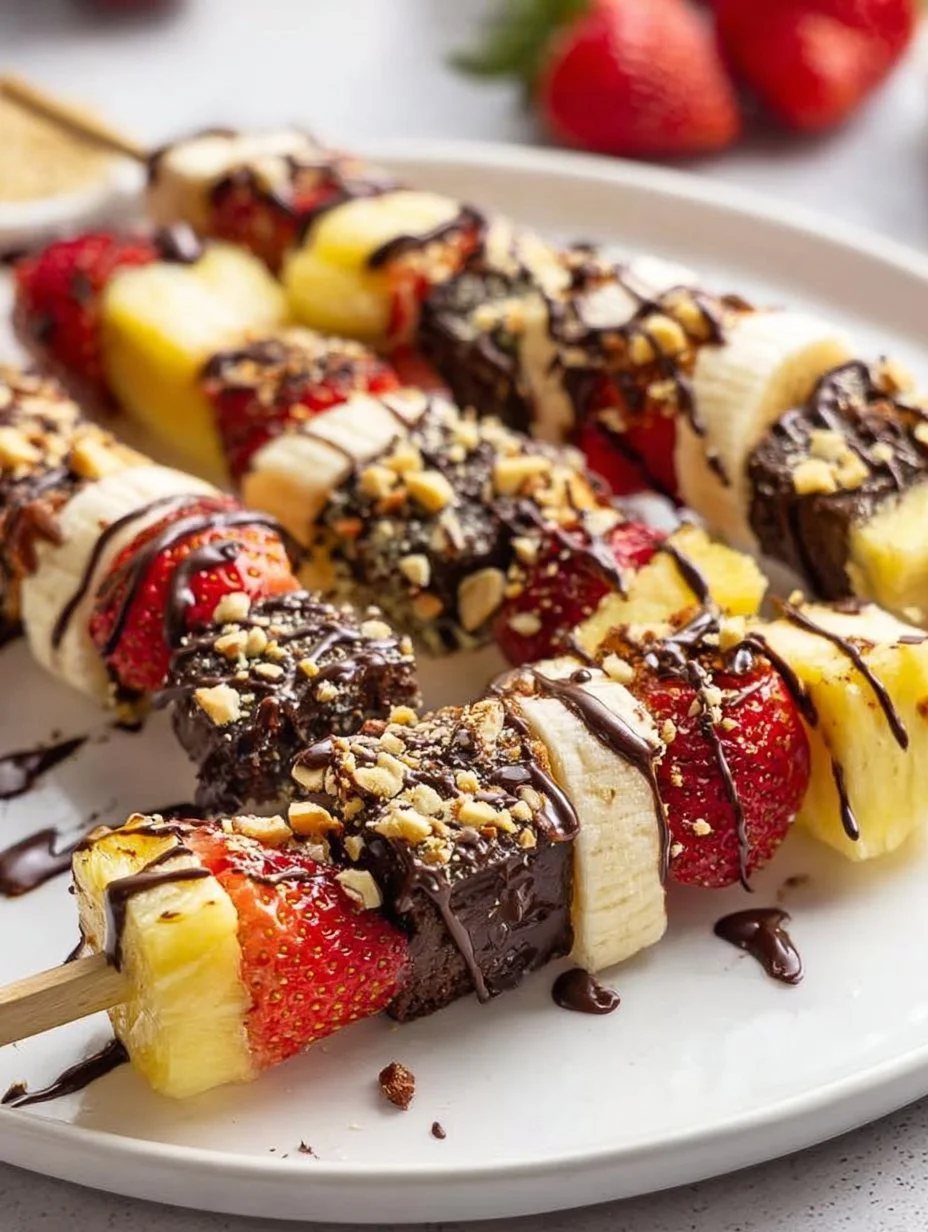 Colorful Banana Split Kabobs featuring bananas, strawberries, and chocolate sauce