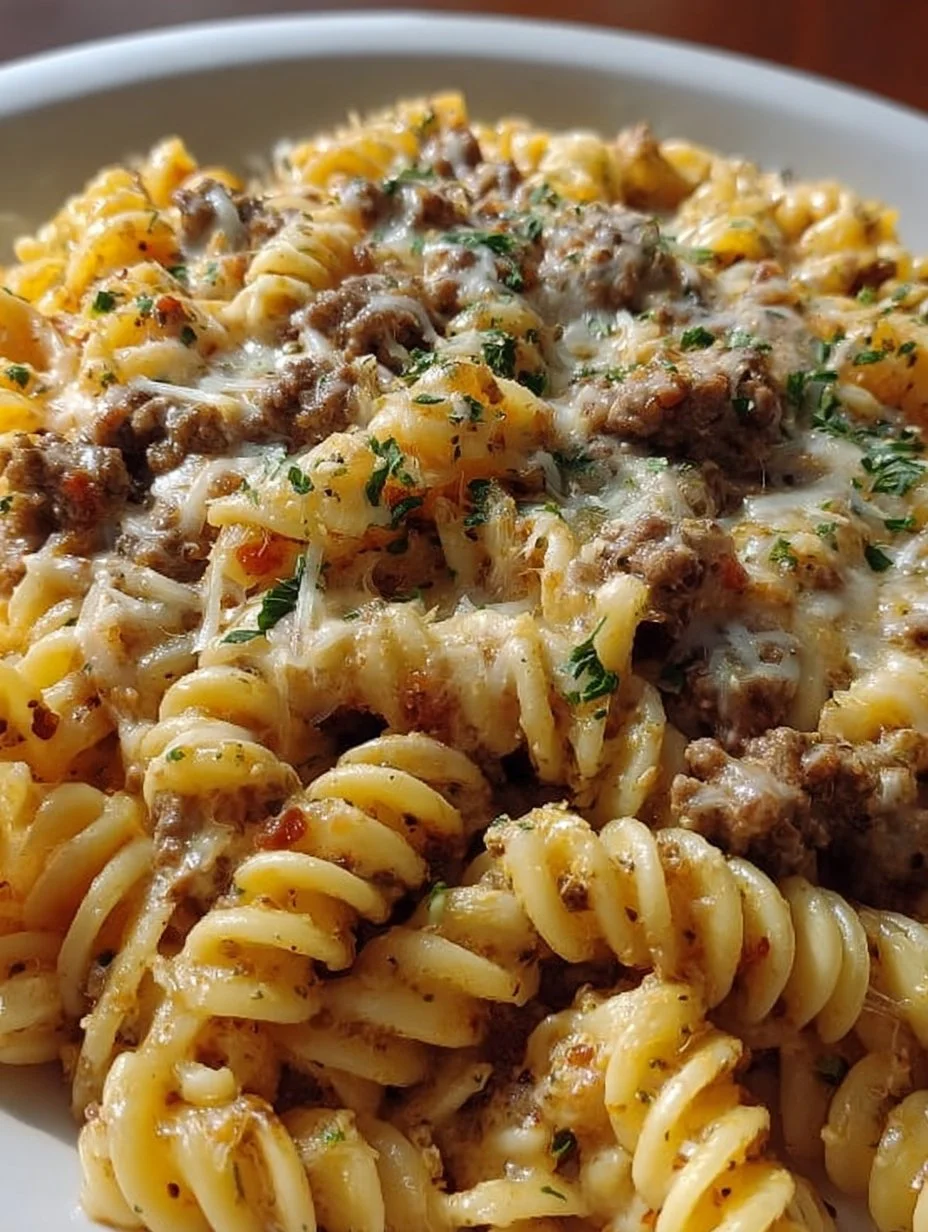 Beef and rotini in garlic parmesan sauce on a white plate garnished with parsley