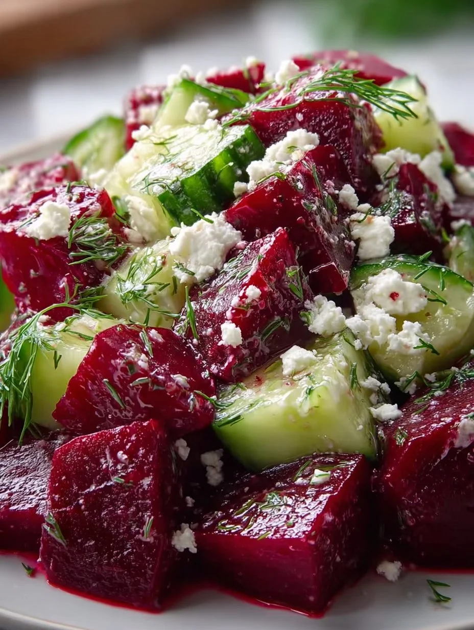 Colorful Beet Feta Salad with Cucumber and Dill in a bowl