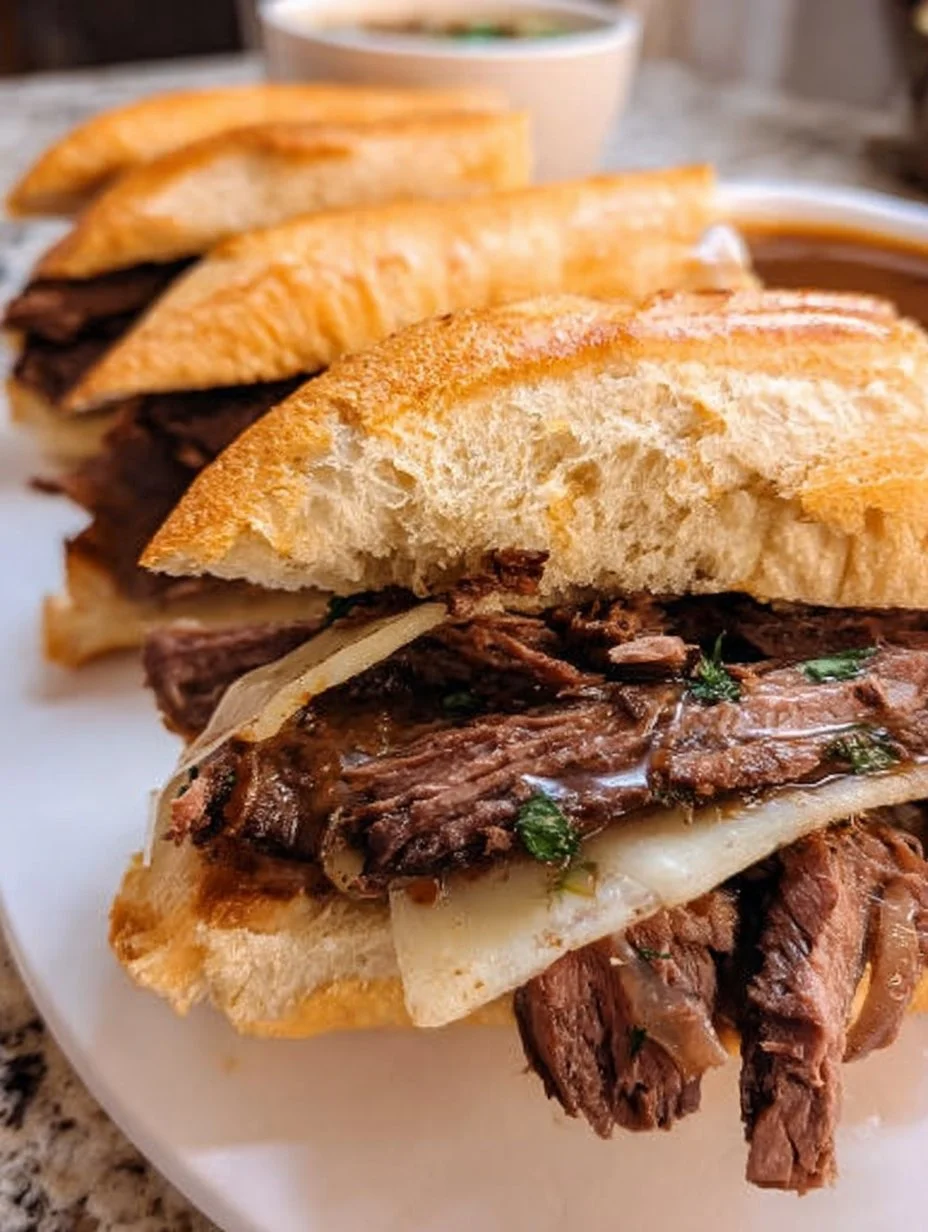 Delicious French Dip Sandwich with tender beef and au jus on artisan bread