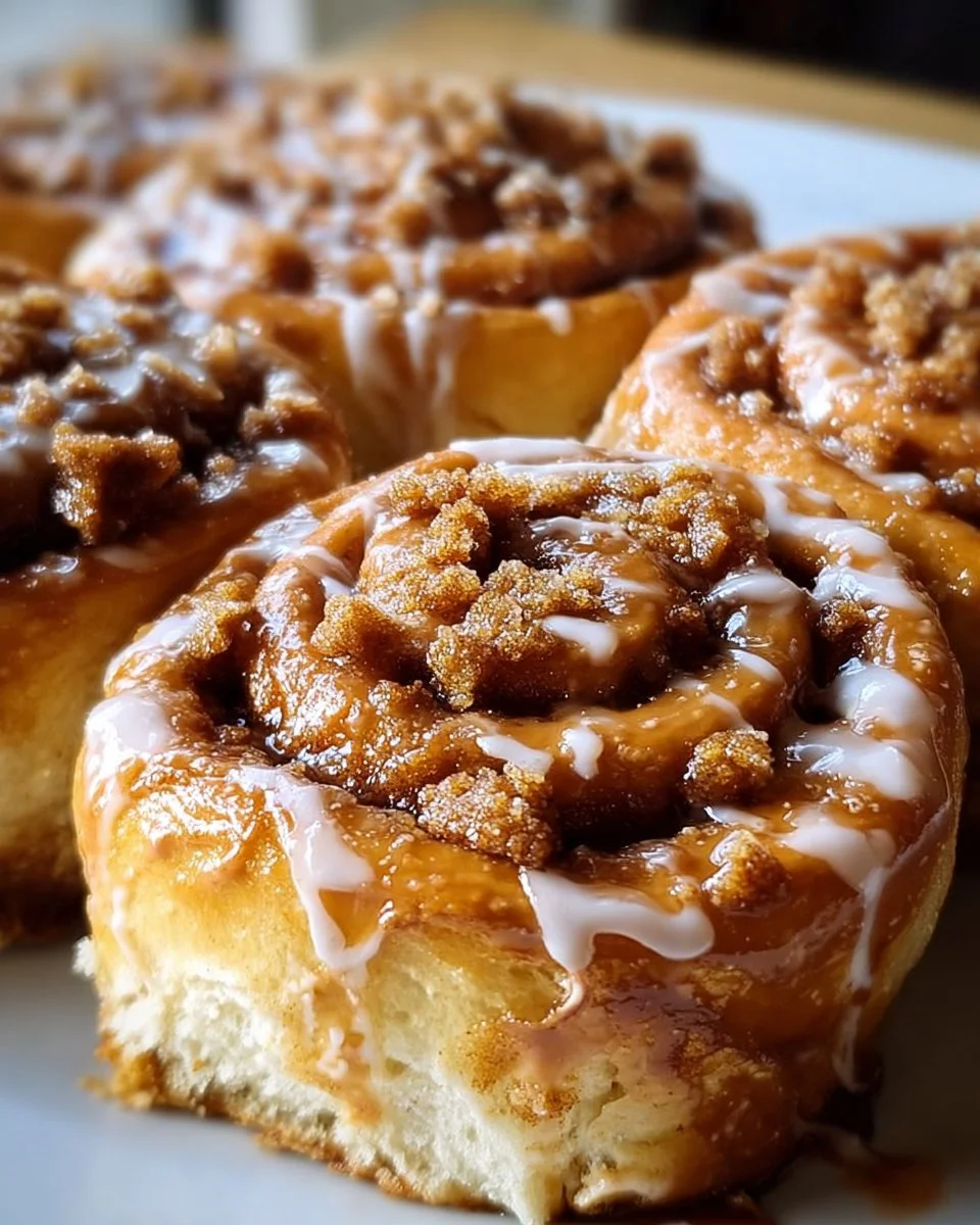 Freshly baked Biscoff cinnamon rolls drizzled with caramel sauce.