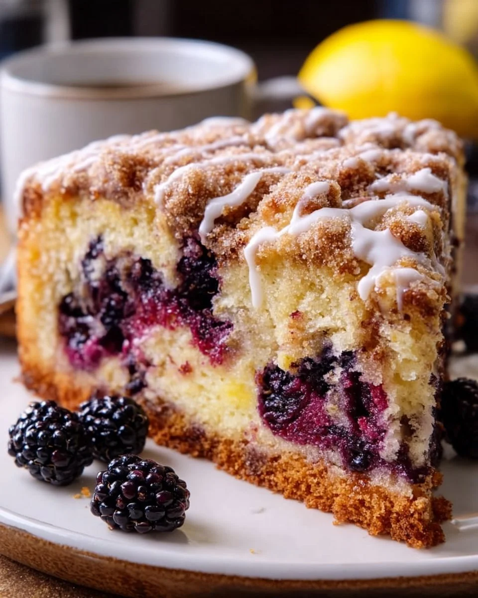 A slice of moist Blackberry Lemon Coffee Cake garnished with fresh blackberries.