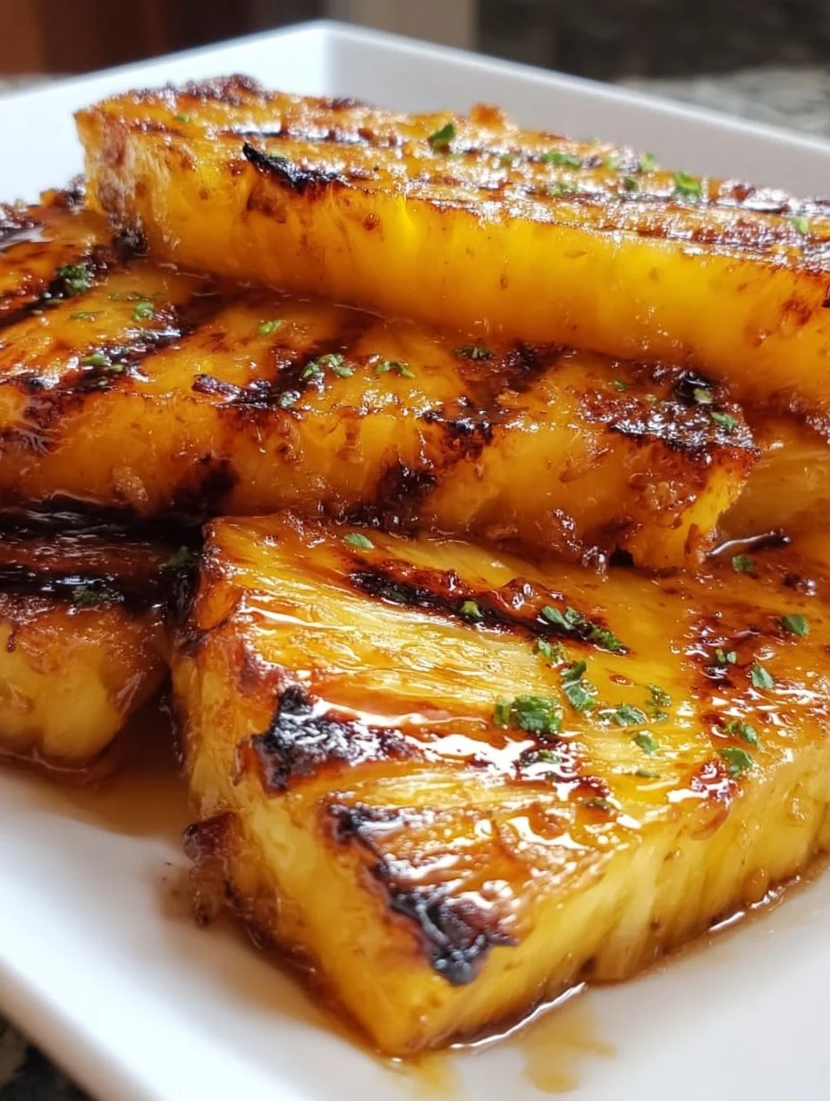 Delicious brown sugar grilled pineapple slices on a serving platter