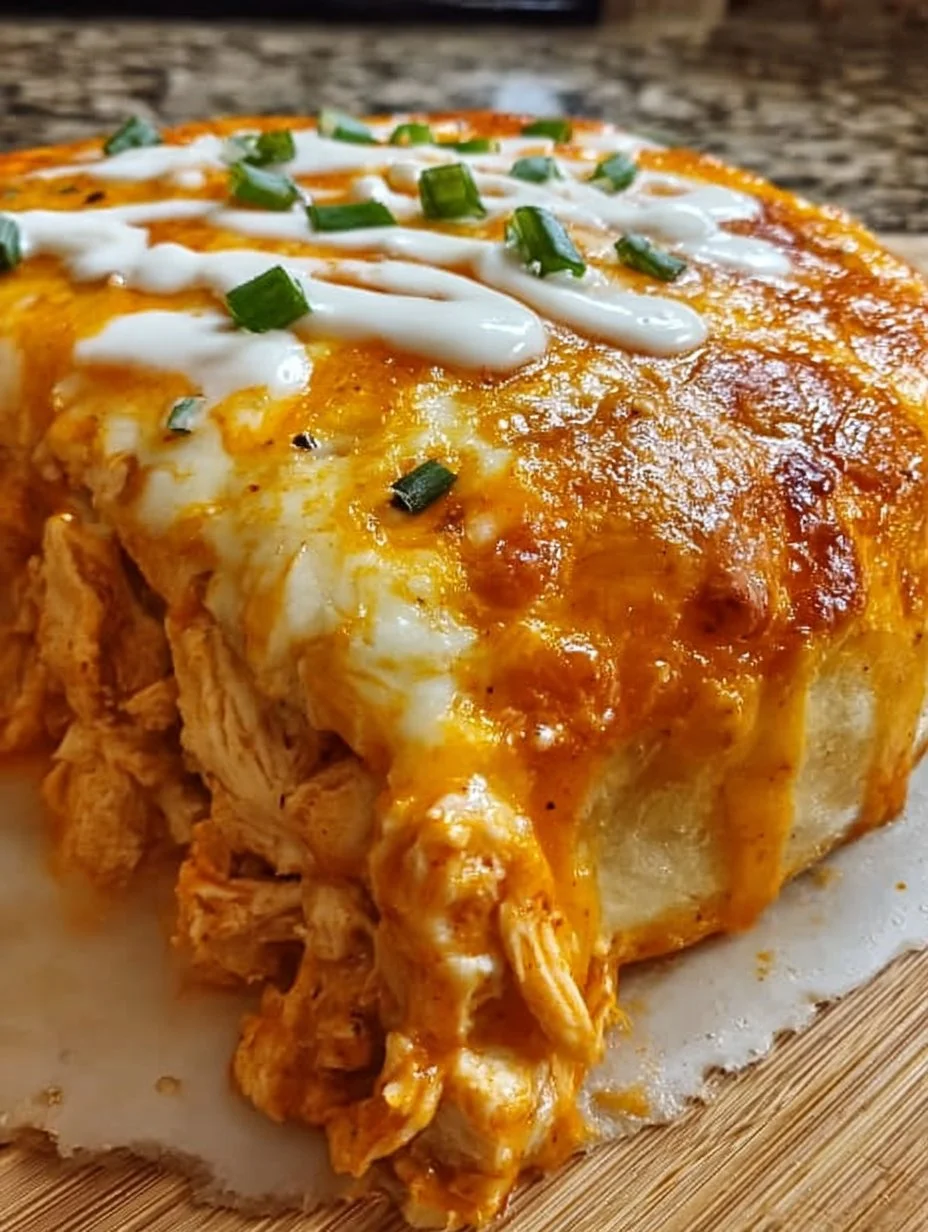 Delicious Buffalo Chicken Cheese Bake topped with melted cheese and spicy sauce.