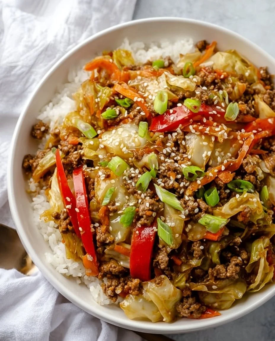 Cabbage stir fry with beef and pork served in a bowl.