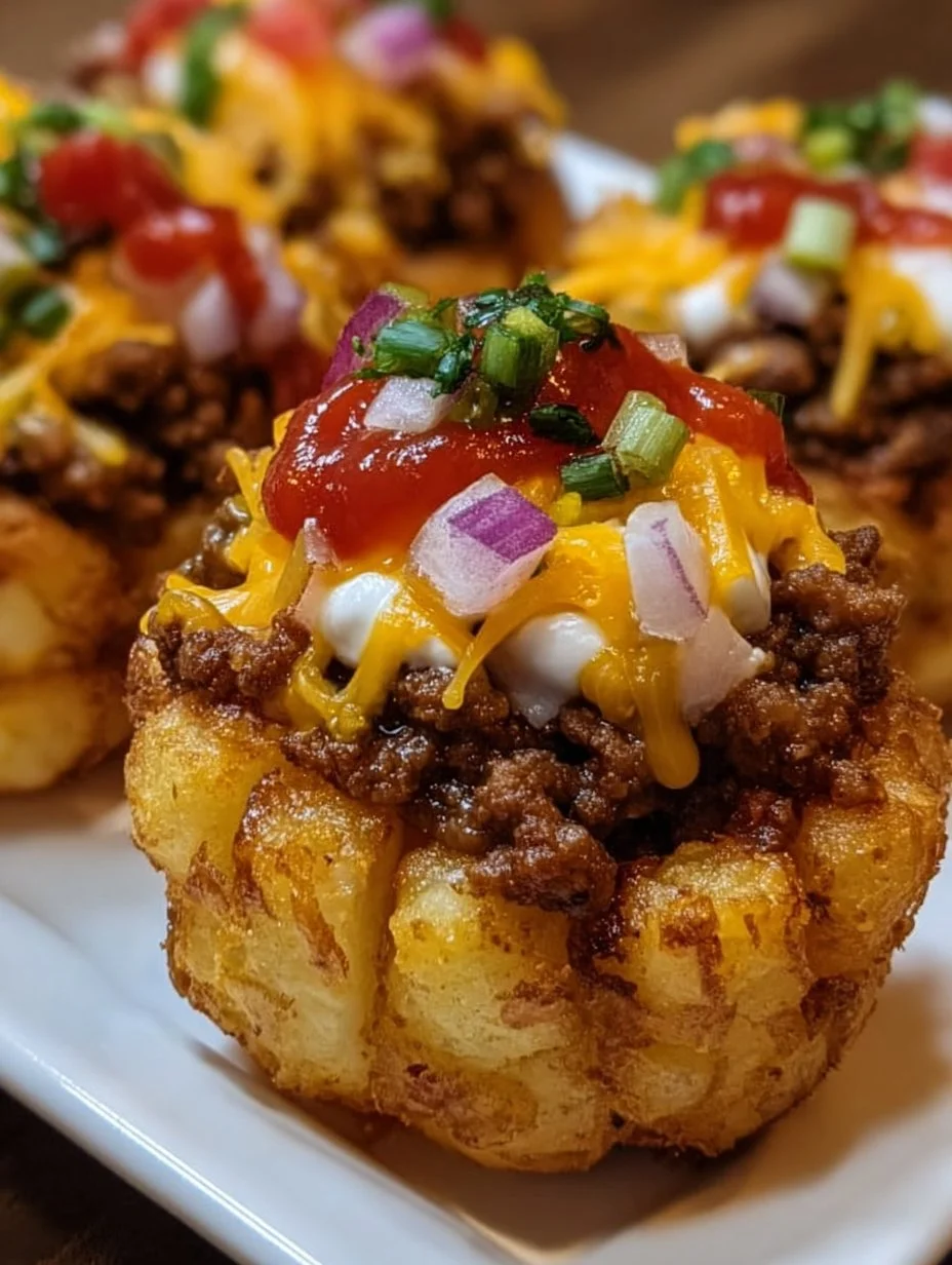Cheeseburger stuffed tater cones filled with ground beef, cheese, and toppings.