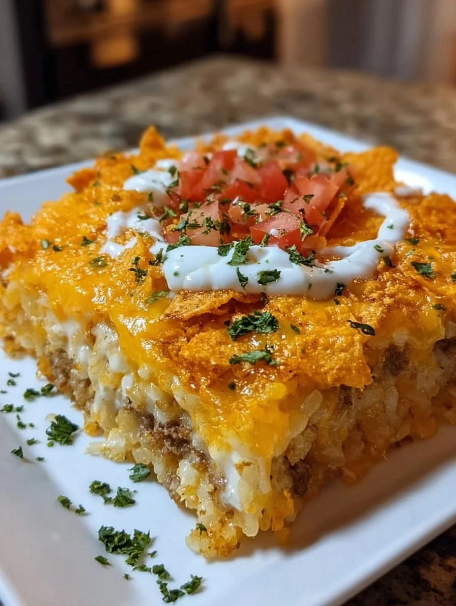Cheesy Hashbrown Dorito Casserole served in a dish with crispy toppings