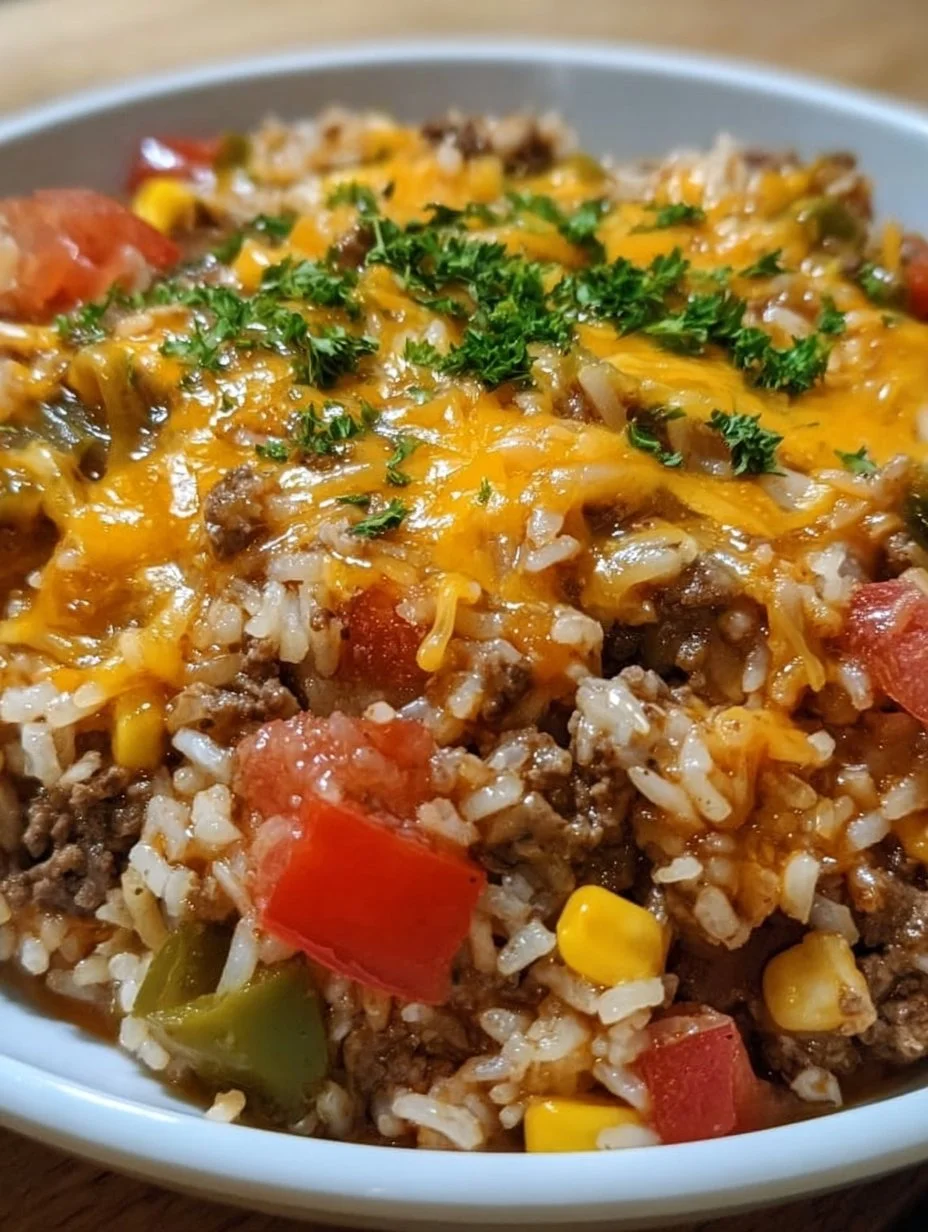 Delicious Cheesy Taco Beef & Rice dish served in a bowl