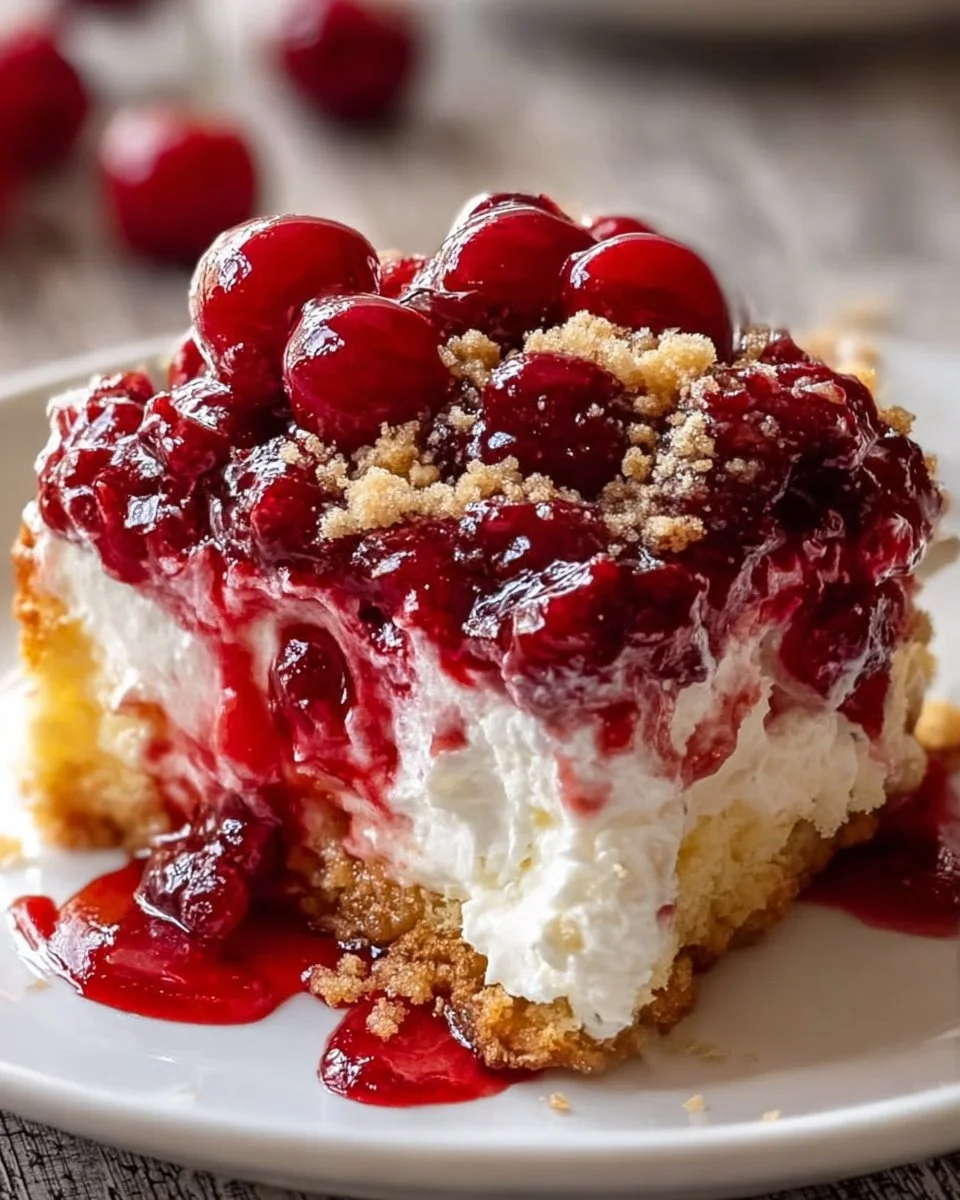 Delicious cherry cheesecake dump cake served with a cherry topping.