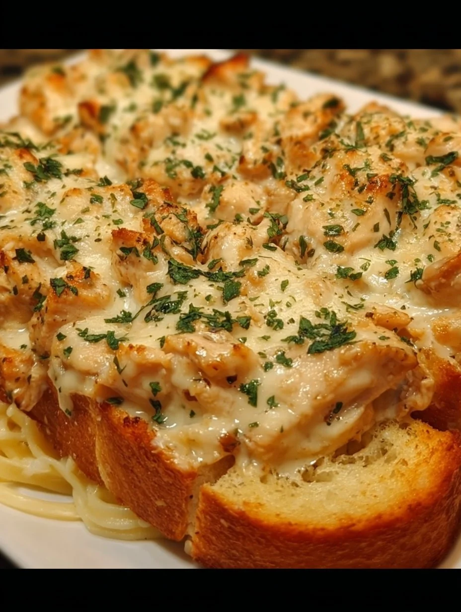Chicken Alfredo Garlic Toast served with creamy sauce and crispy bread
