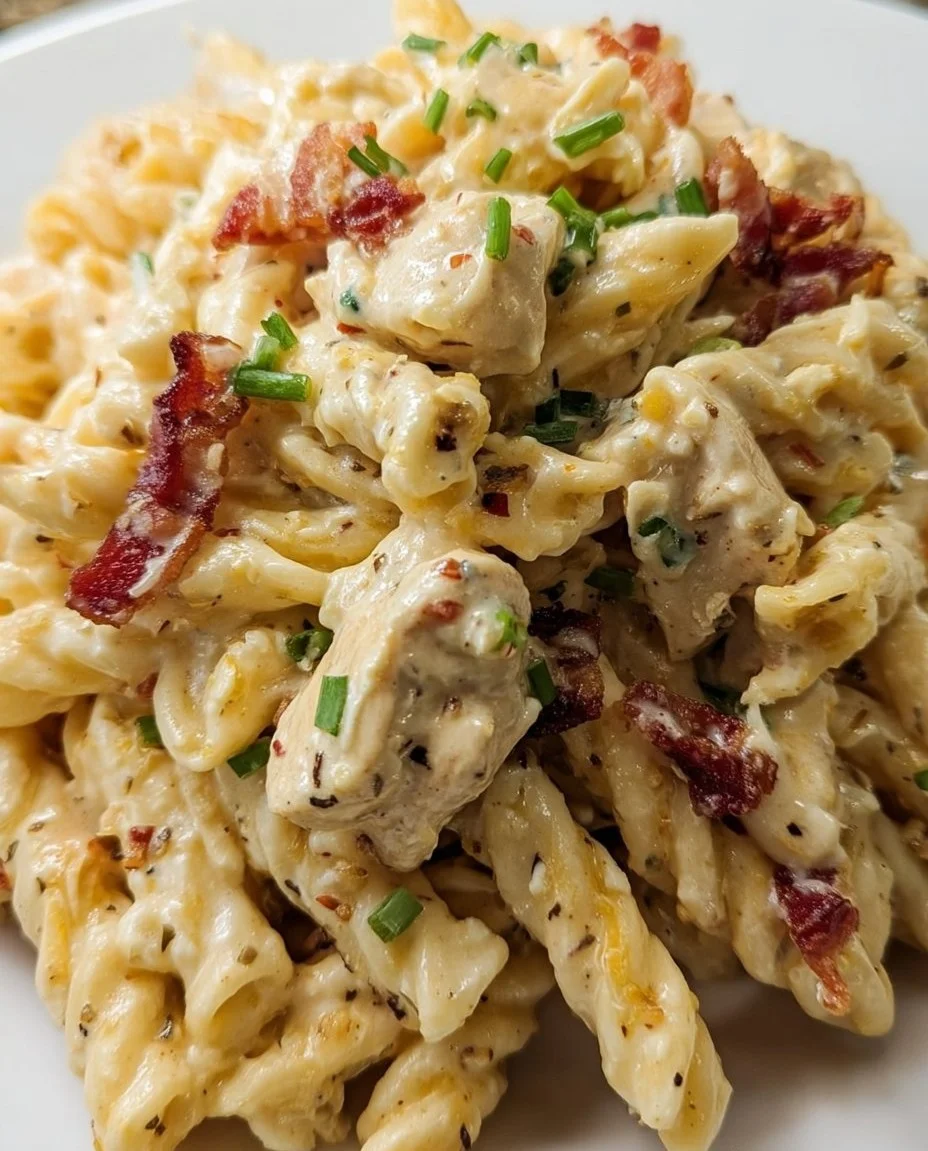 Delicious Chicken Bacon Ranch Pasta served in a bowl with toppings