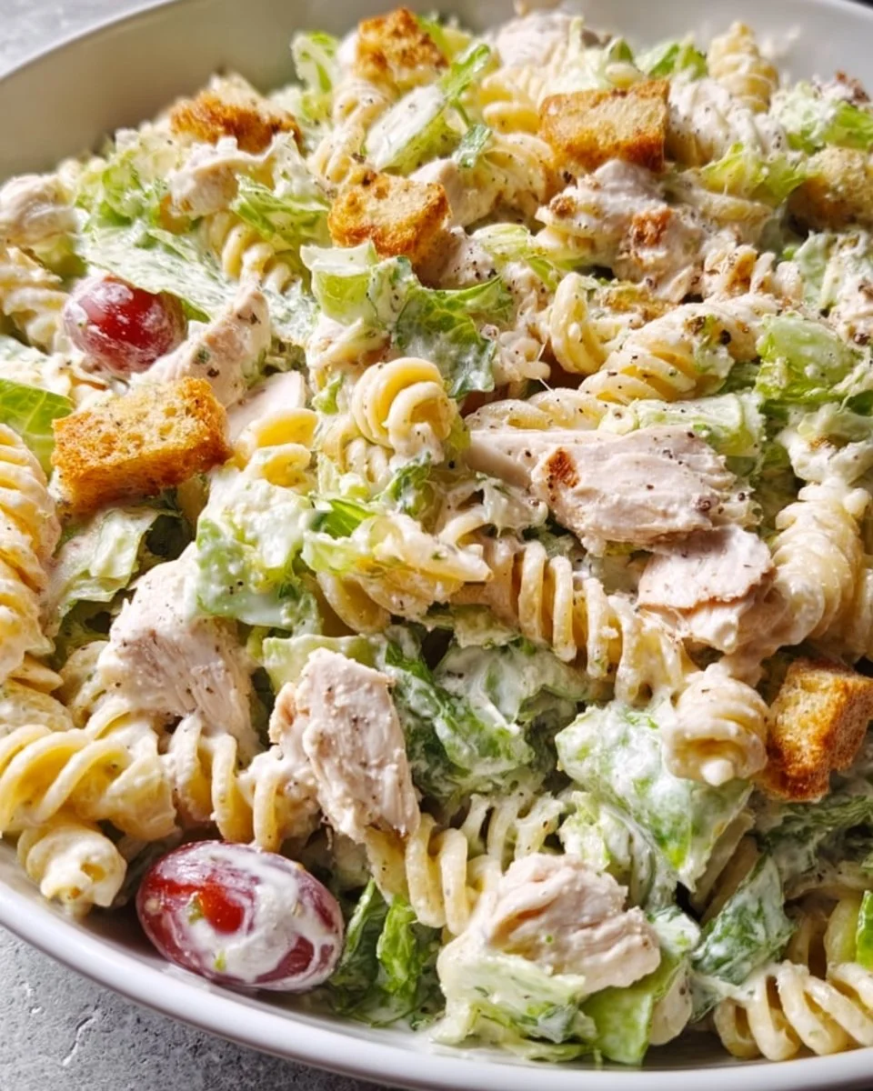 Delicious Chicken Caesar Pasta Salad with grilled chicken and romaine lettuce