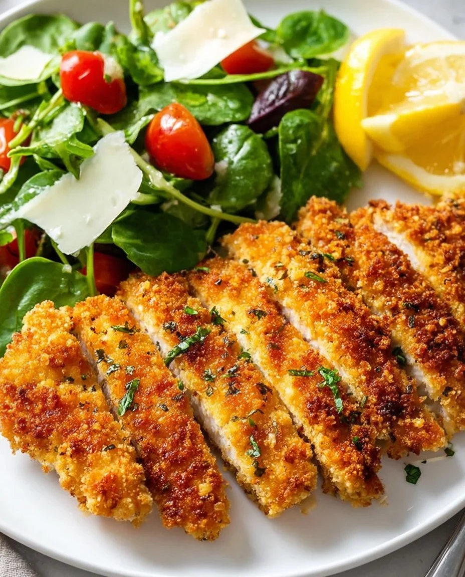 Crispy Chicken Milanese served with lemon and arugula salad