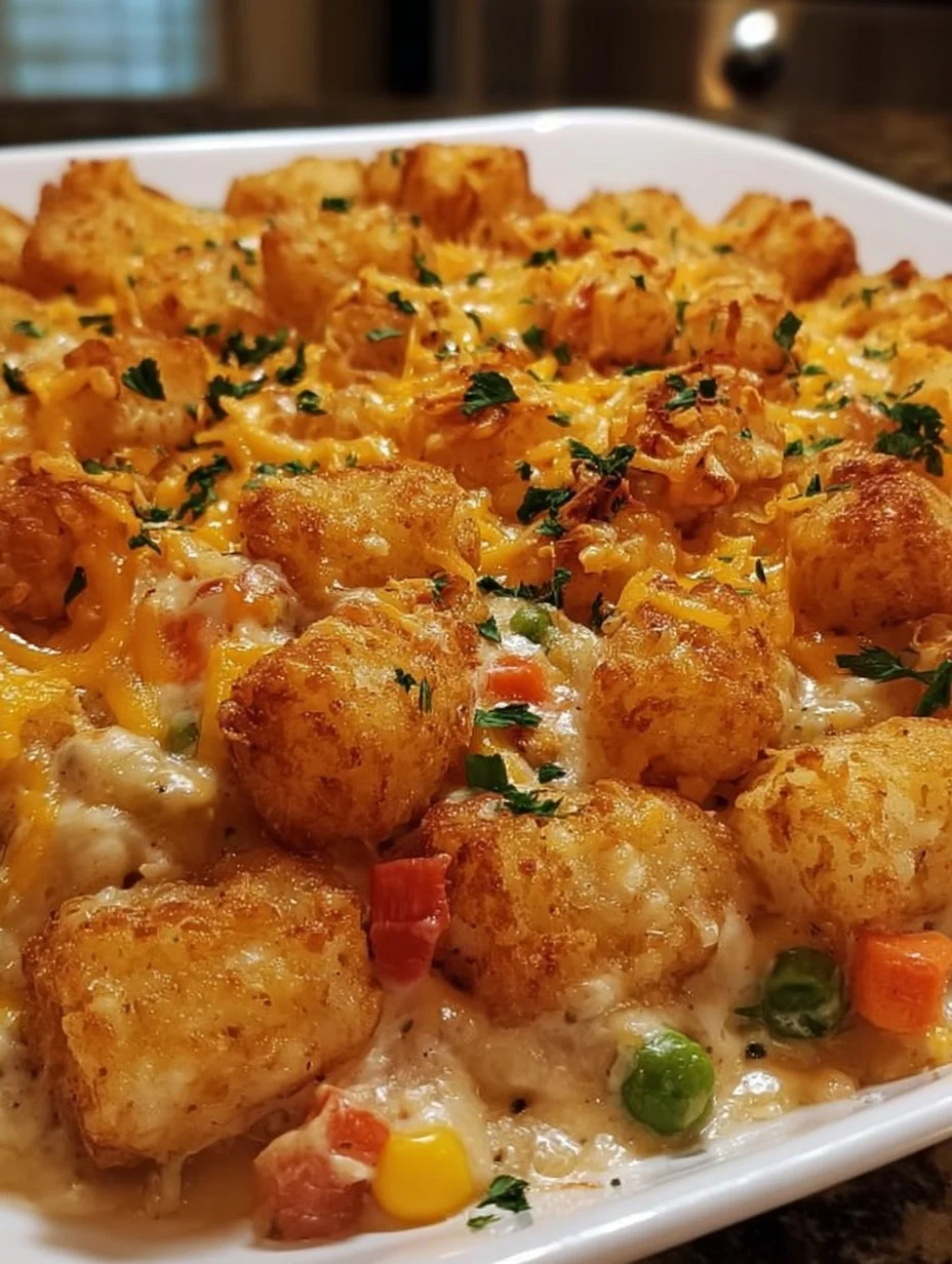 Baked Chicken Tater Tot Casserole topped with golden crispy tater tots.
