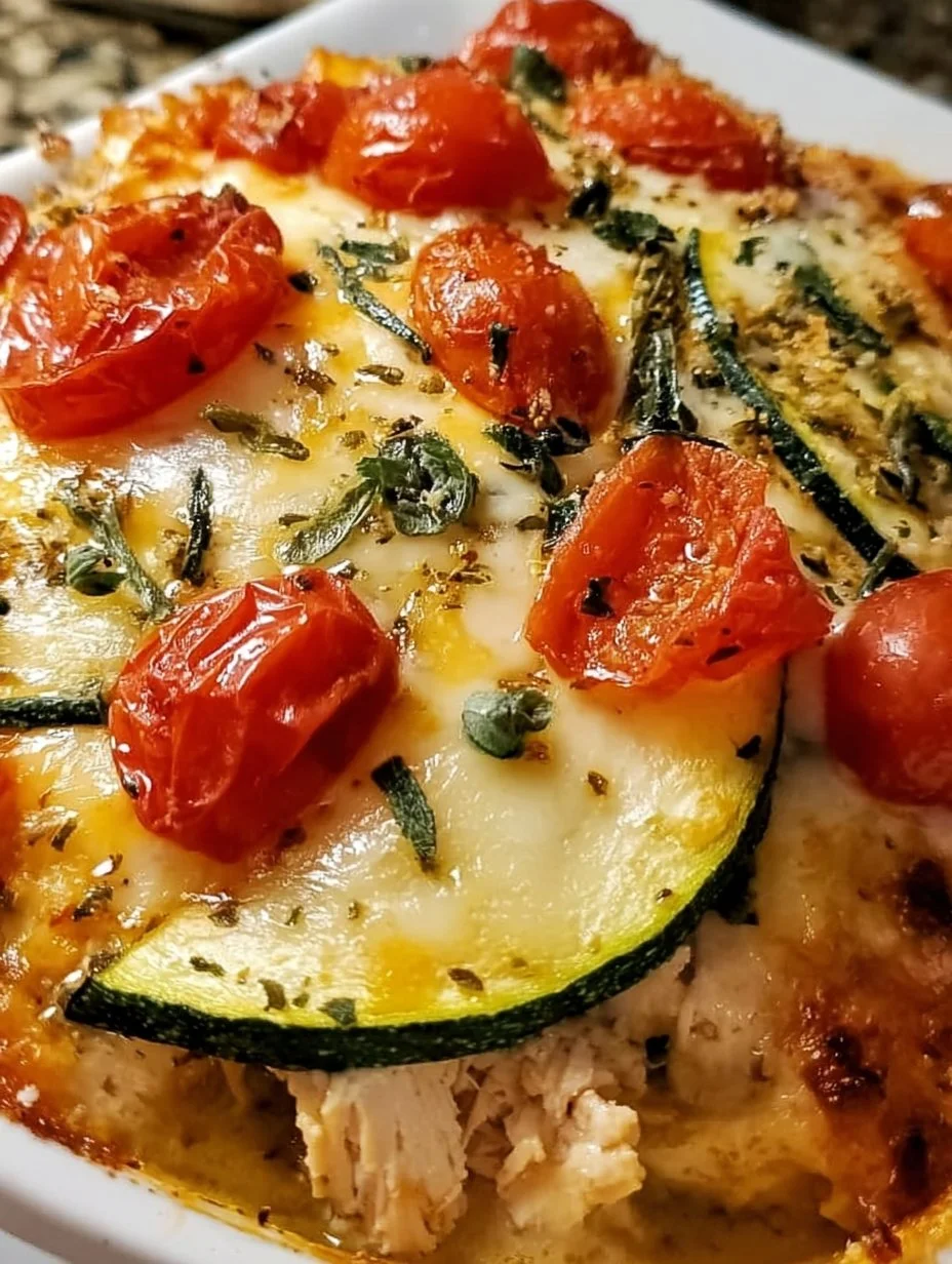 Delicious Chicken Zucchini Bake dish on a plate with cheese and herbs