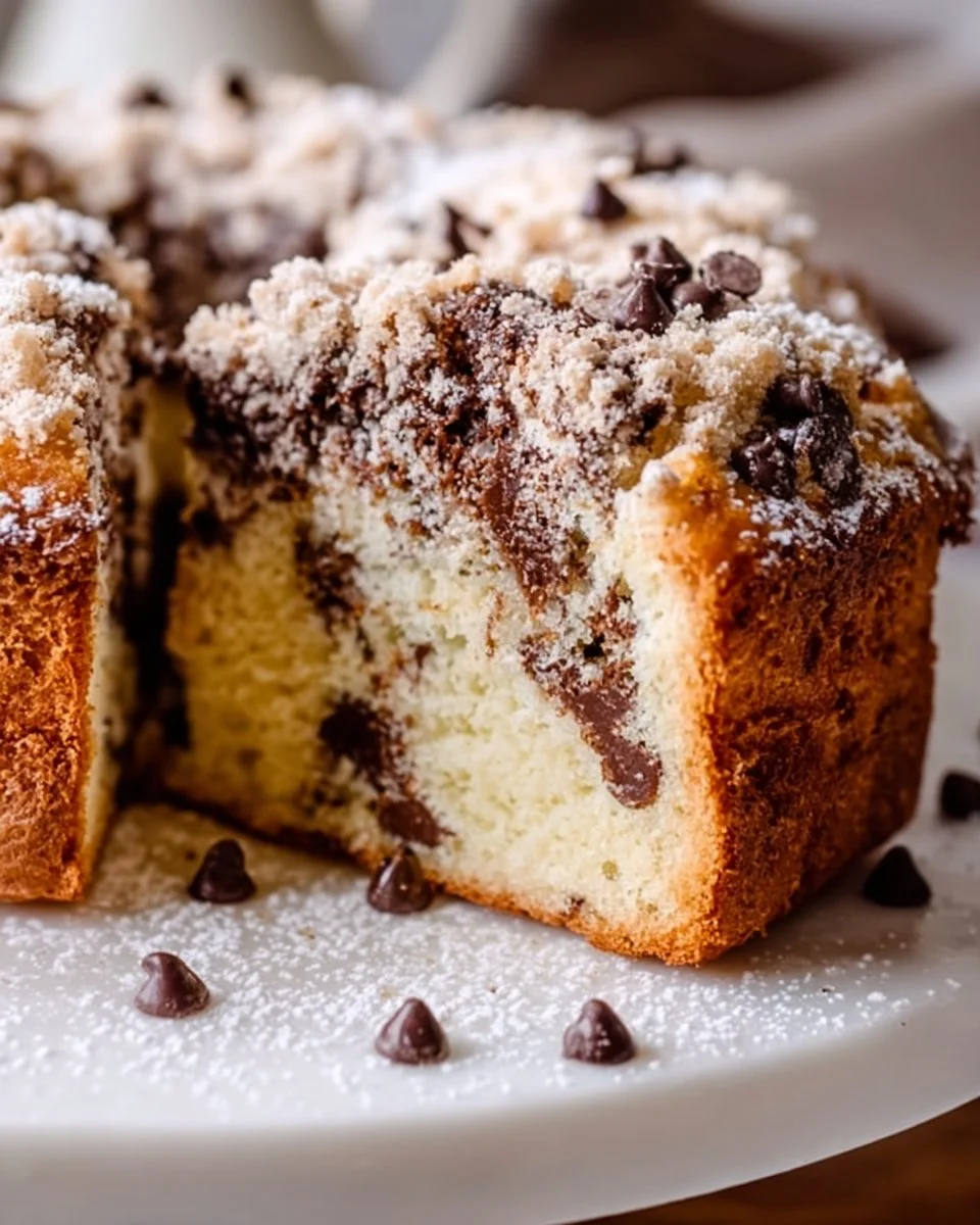 A slice of Chocolate Chip Coffee Cake with chocolate chips and a coffee cup