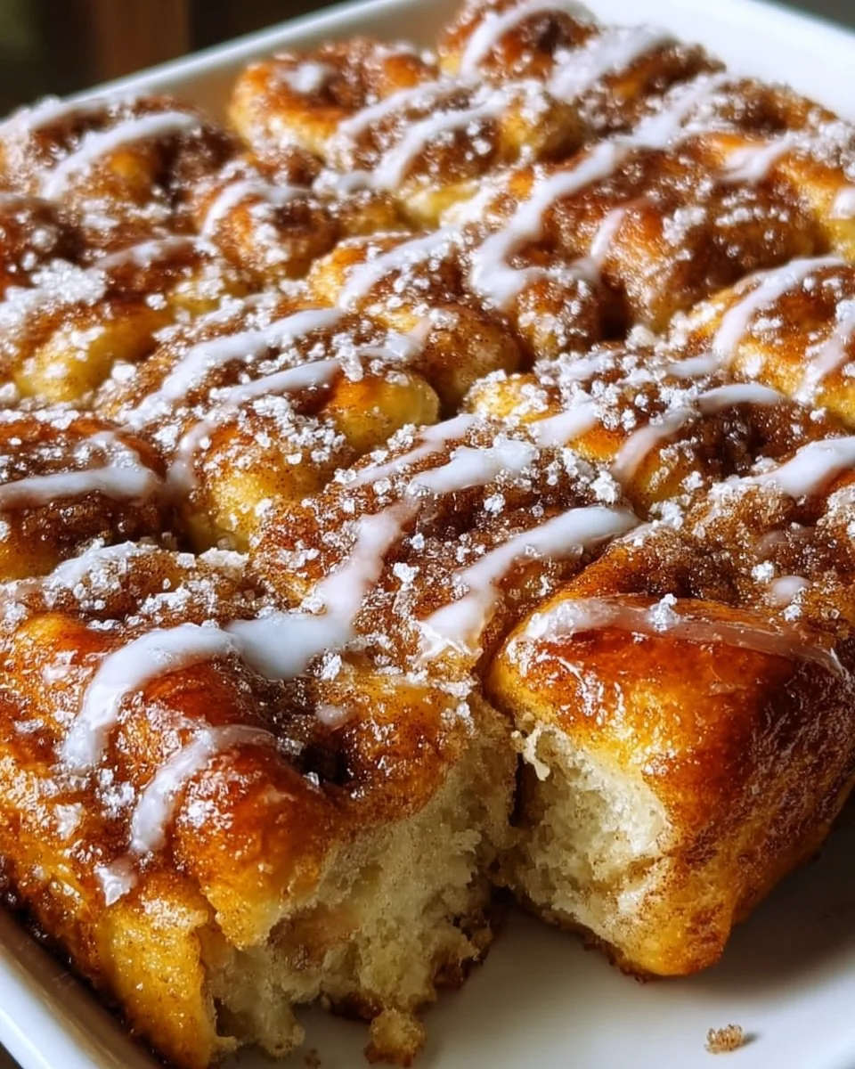 Deliciously baked Cinnamon Roll Focaccia topped with icing and cinnamon.