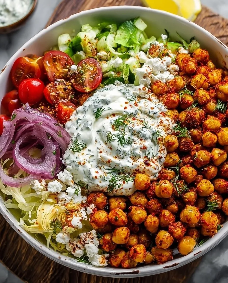 Mediterranean Roasted Chickpea Bowl with fresh veggies and herbs