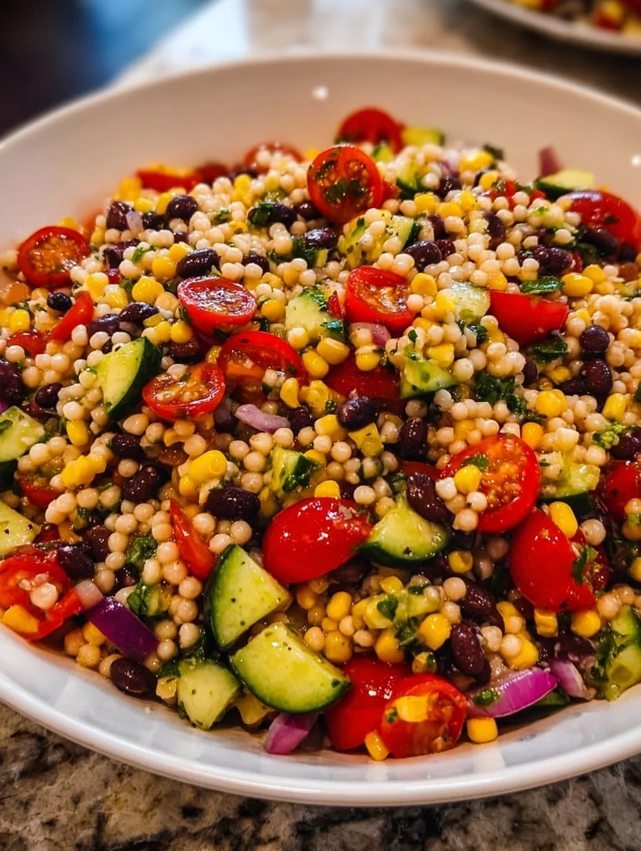 Healthy Cowboy Caviar Couscous Salad with colorful vegetables and beans