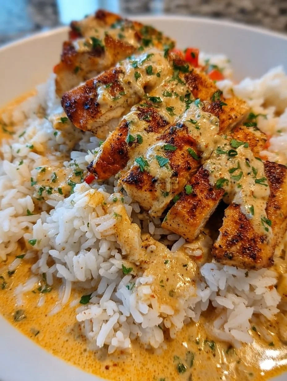 Creamy Cajun chicken served with rice in a delicious savory sauce
