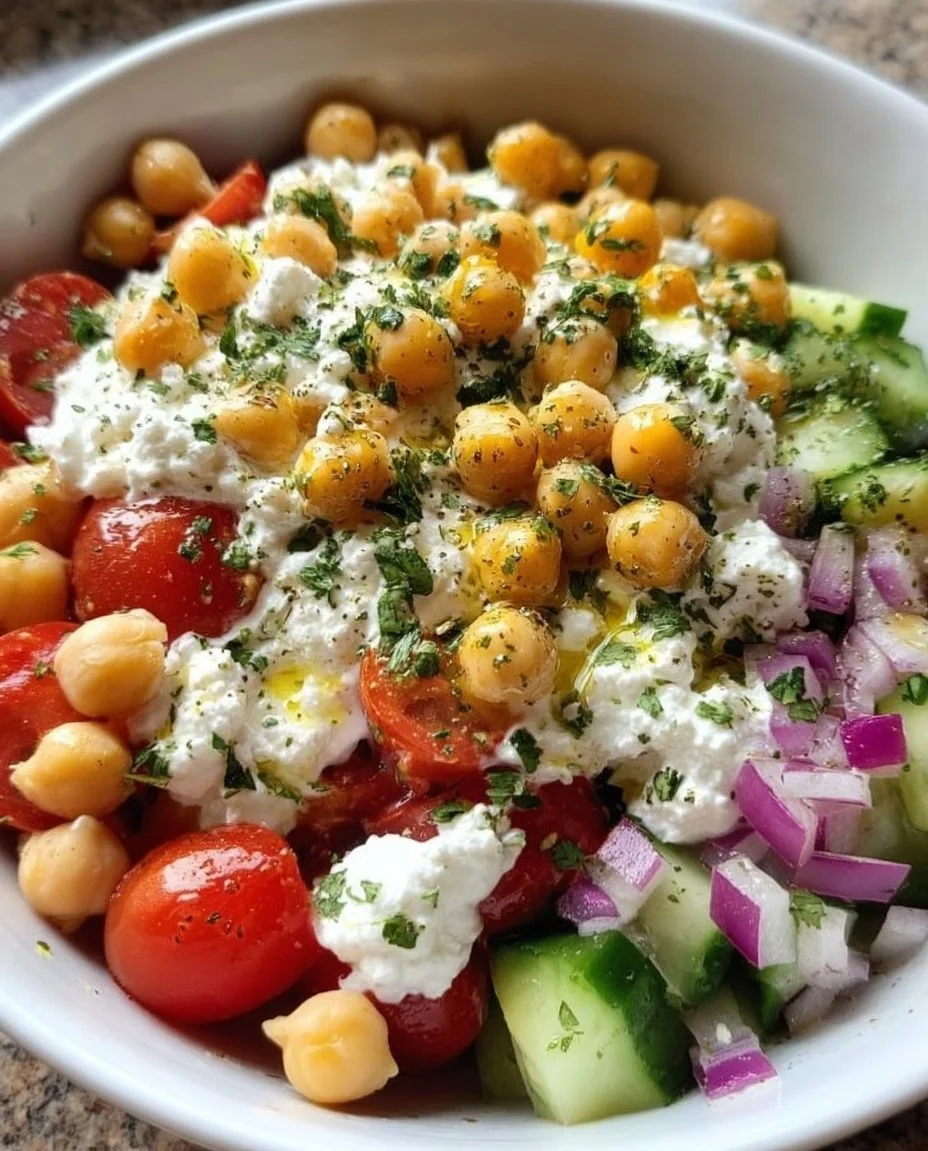 Creamy Cottage Cheese and Chickpea Salad with fresh vegetables and herbs