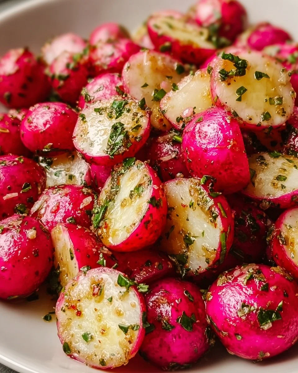 Crispy air fried radishes in a bowl, garnished with herbs.