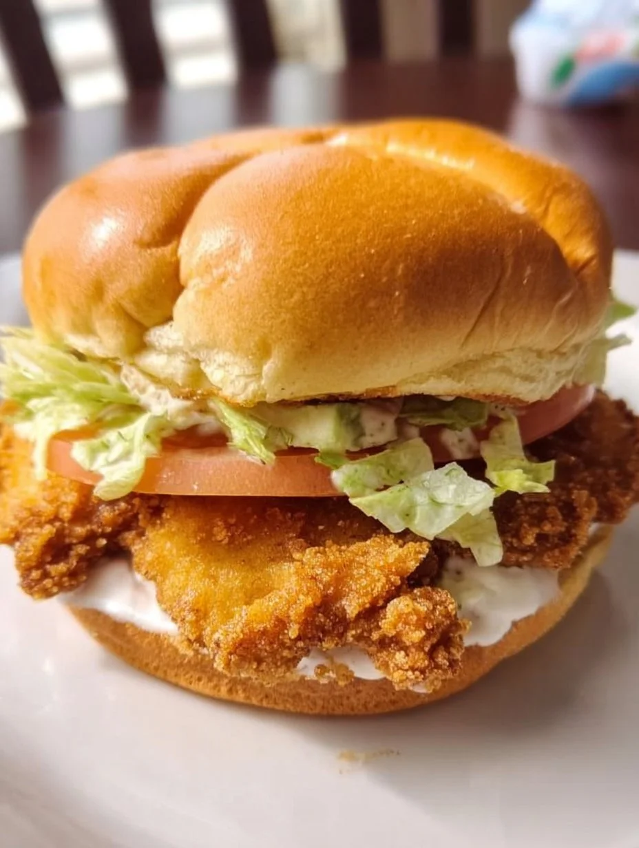 Crispy chicken sandwich with fresh lettuce and tomato on a bun
