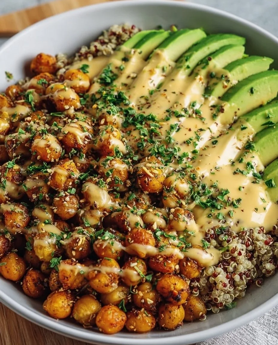 Crispy Chickpea Grain Bowl with Avocado and Lemon Tahini