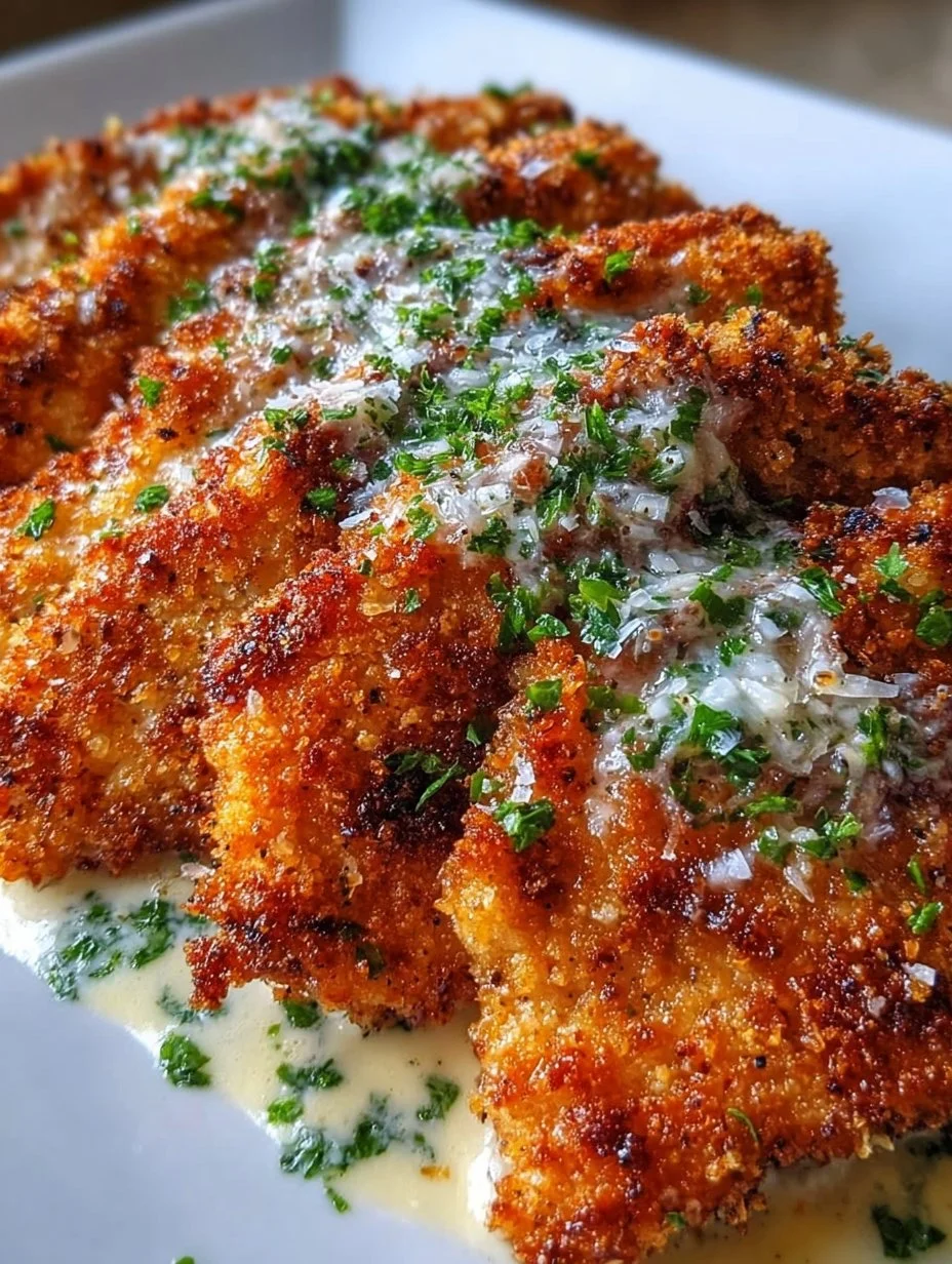 Crispy Parmesan Chicken served with creamy garlic sauce on a plate