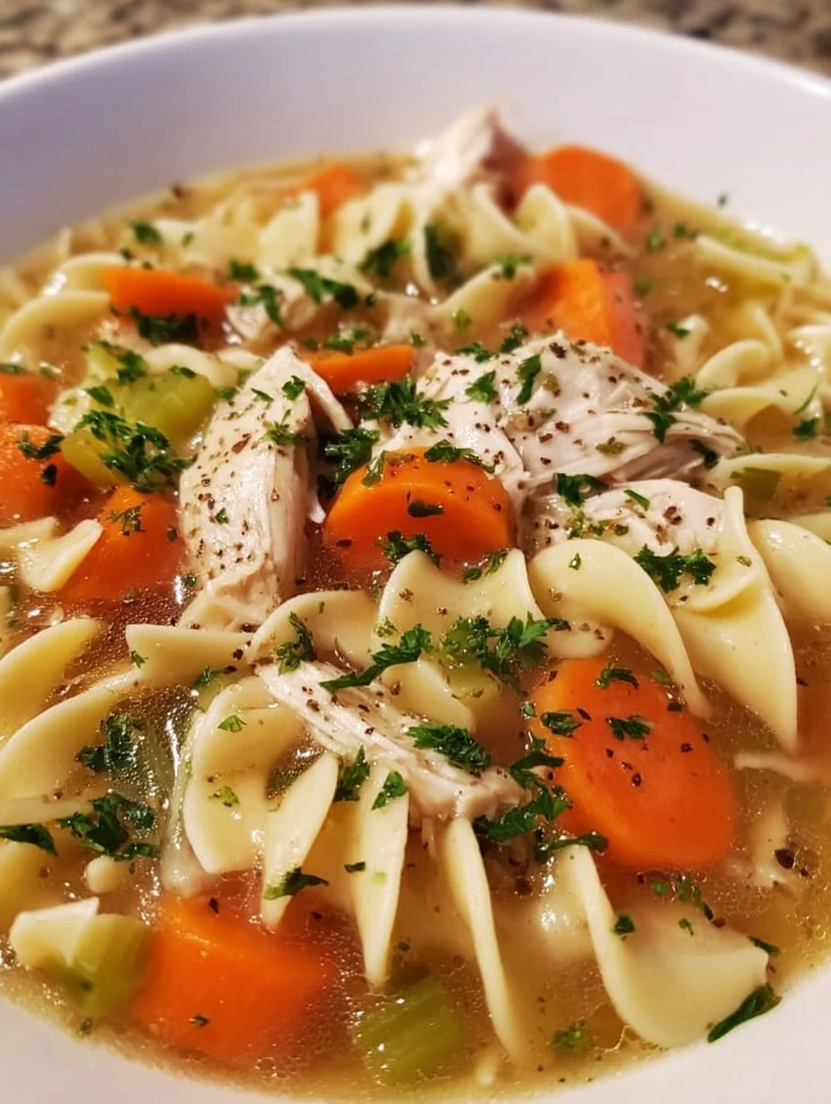 Bowl of delicious Crock Pot Chicken Noodle Soup with fresh ingredients