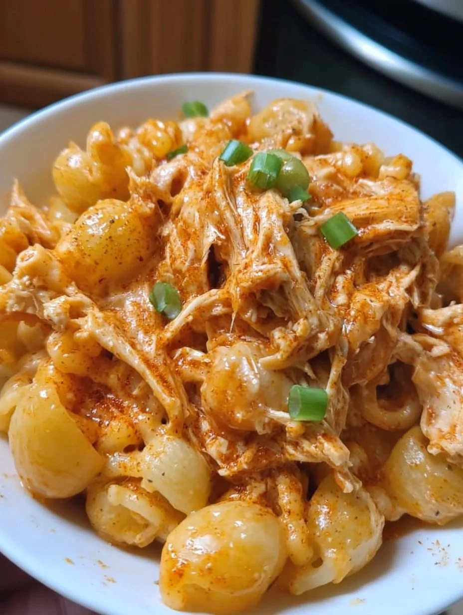 Crockpot BBQ Chicken Mac & Cheese served in a bowl with melted cheese and BBQ sauce
