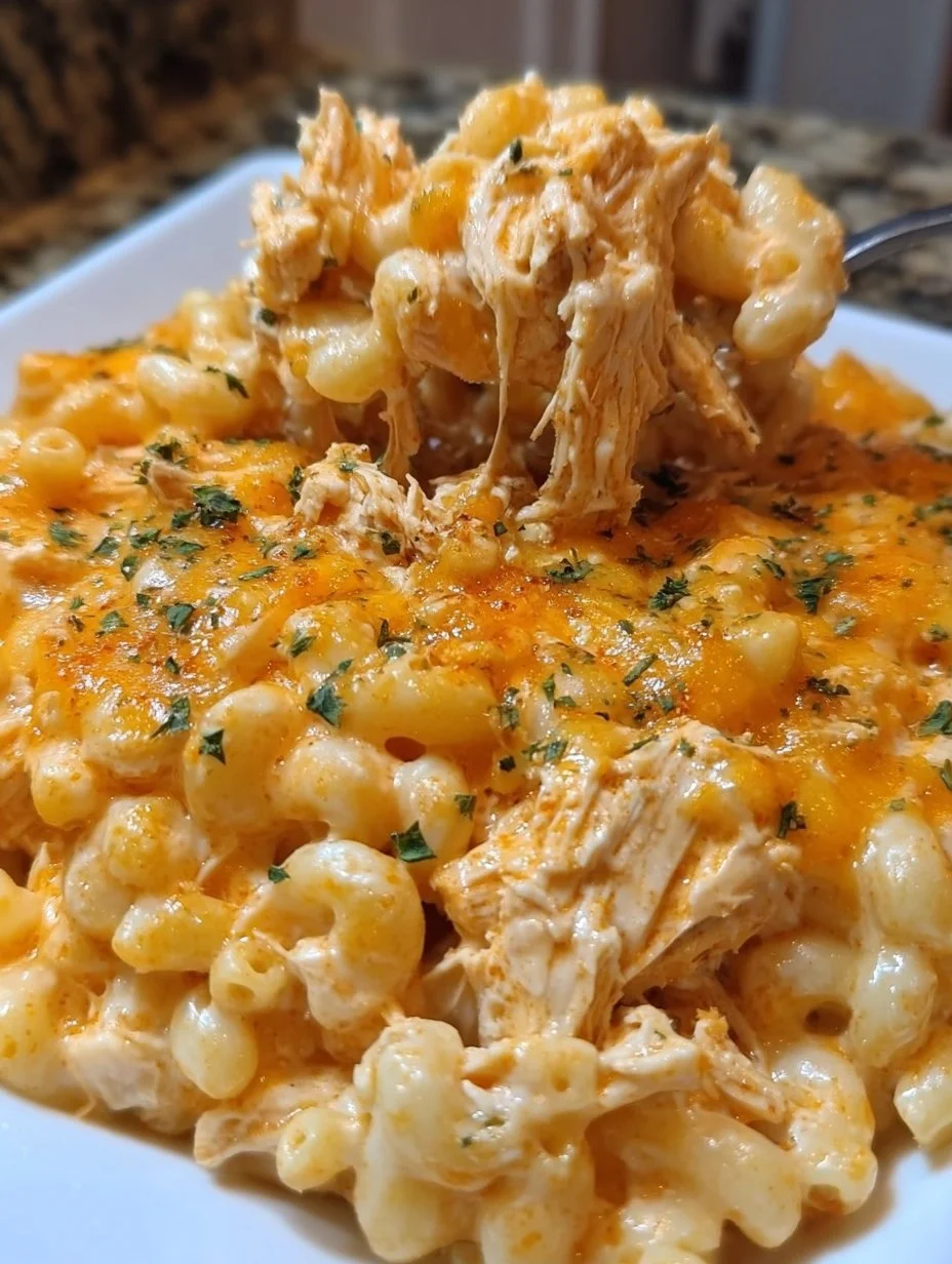 Crockpot Buffalo Chicken Mac & Cheese served in a bowl