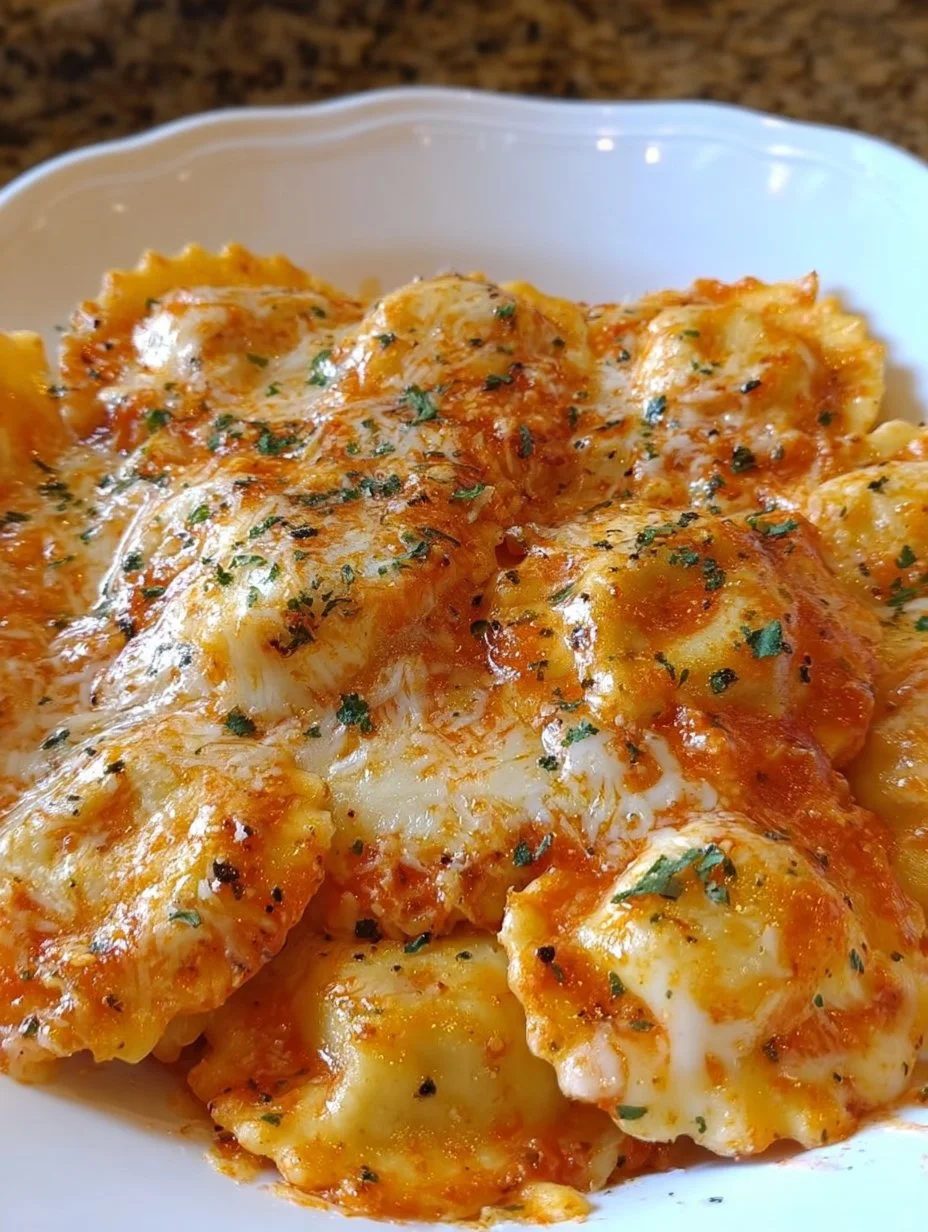 Crockpot Million Dollar Ravioli served in a bowl topped with cheese and herbs