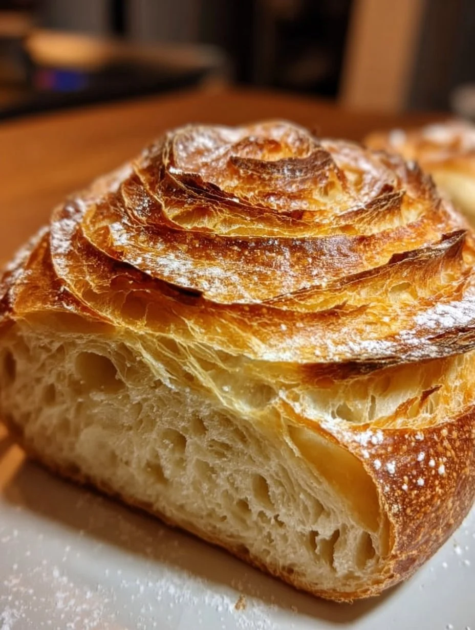 Homemade croissant-style sourdough loaf with flaky layers and golden crust
