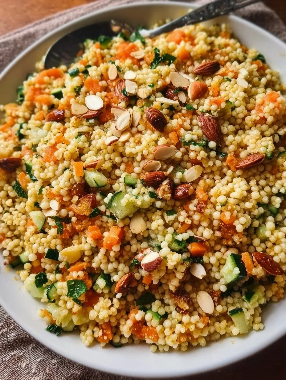 Colorful curried couscous salad with vegetables and spices in a bowl