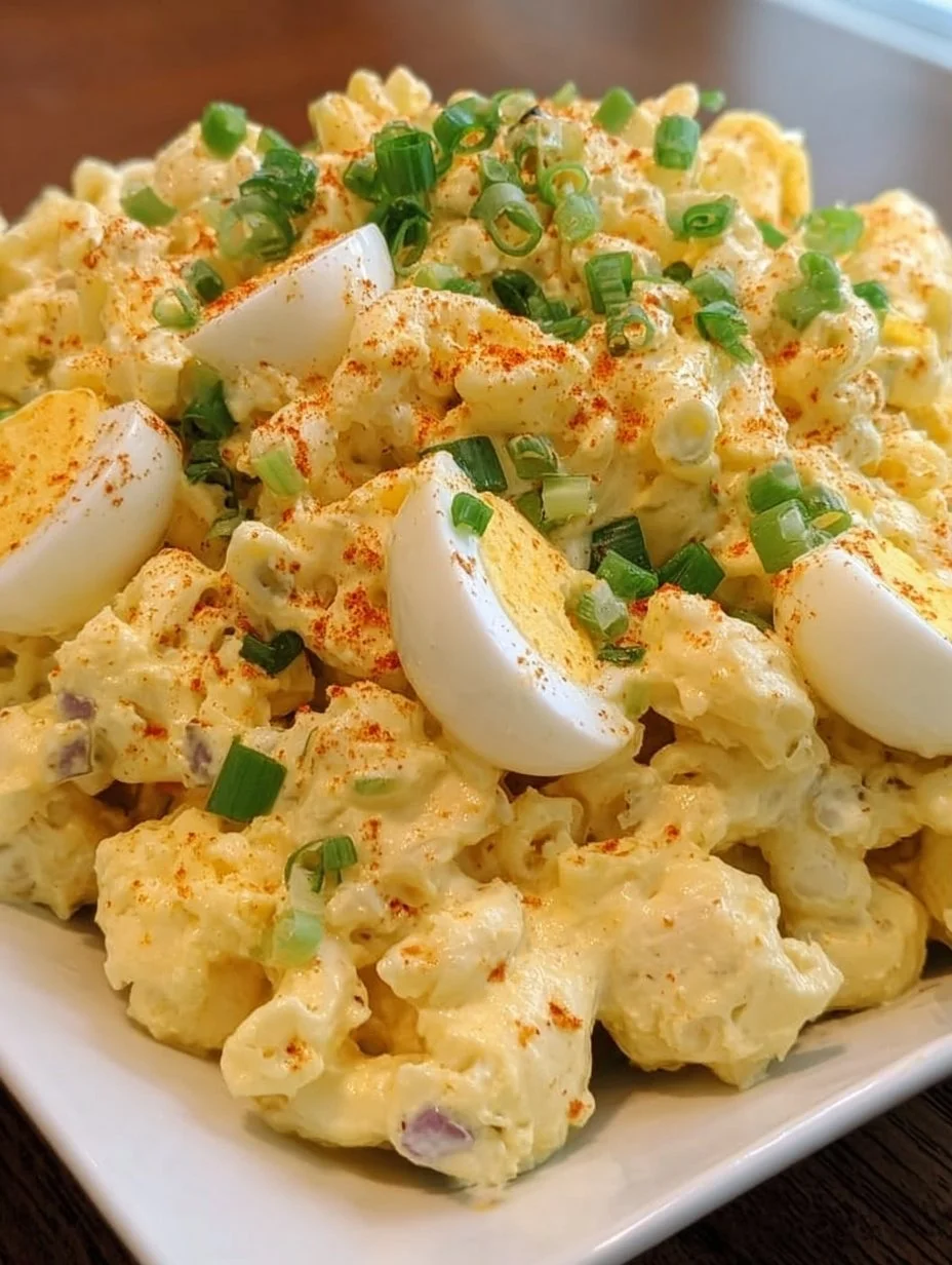 A bowl of deviled egg pasta salad garnished with herbs and spices.