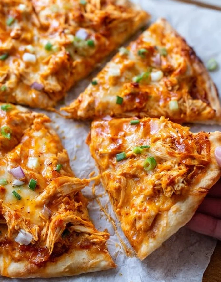 Homemade easy Buffalo Chicken Pizza topped with spicy chicken and cheese.