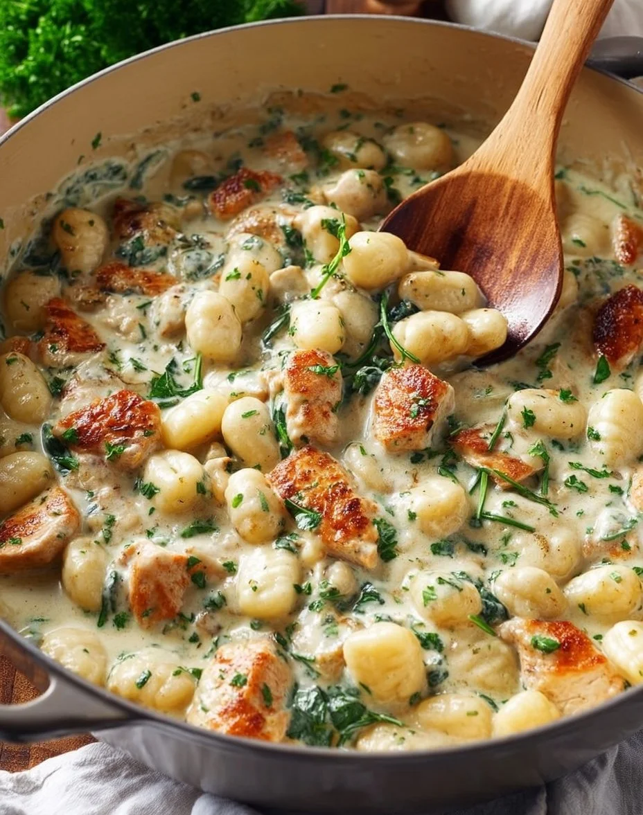 Bowl of easy chicken gnocchi with vegetables and herbs
