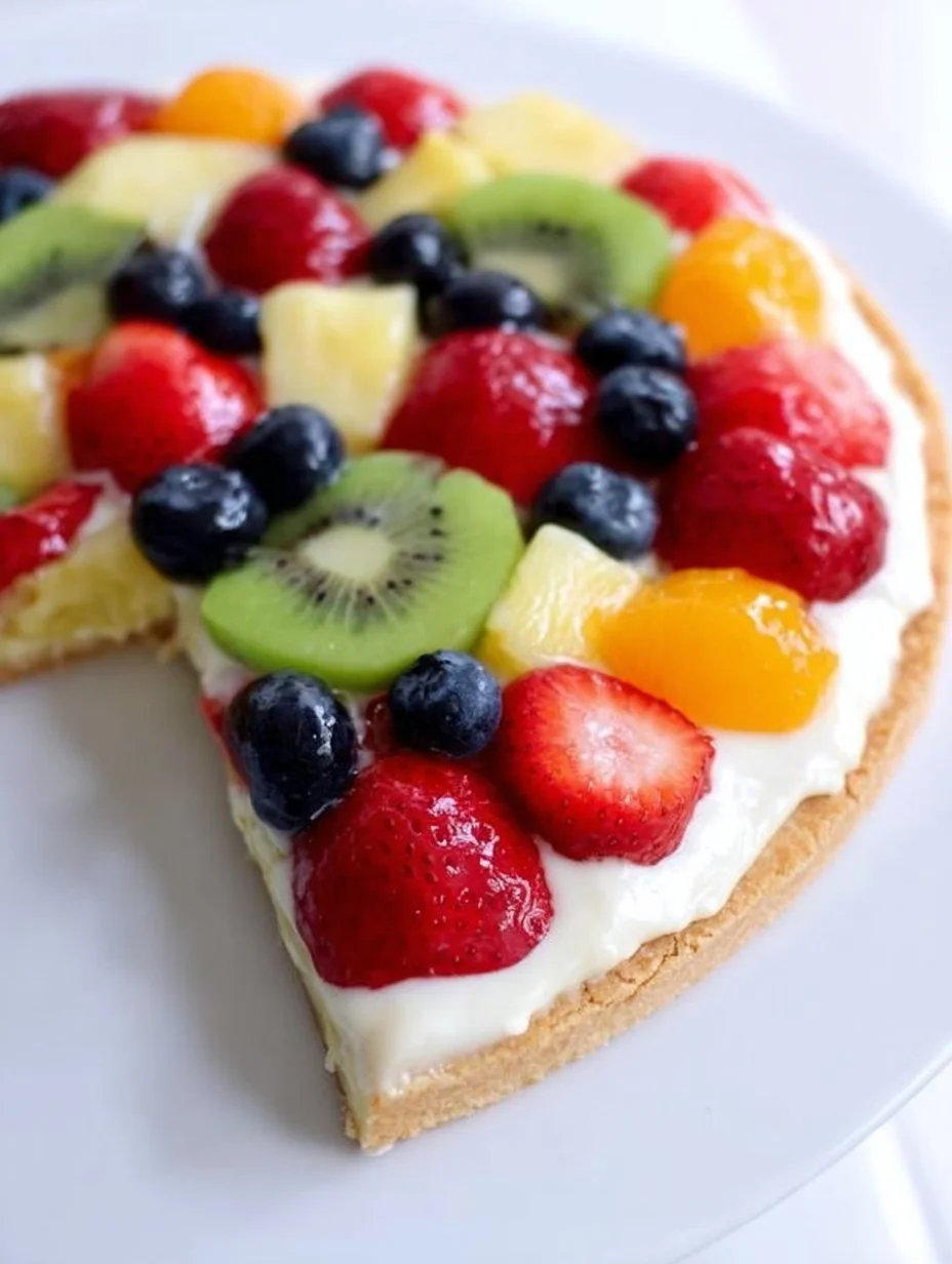 Colorful easy fruit pizza topped with fresh fruits and cream on a cookie crust