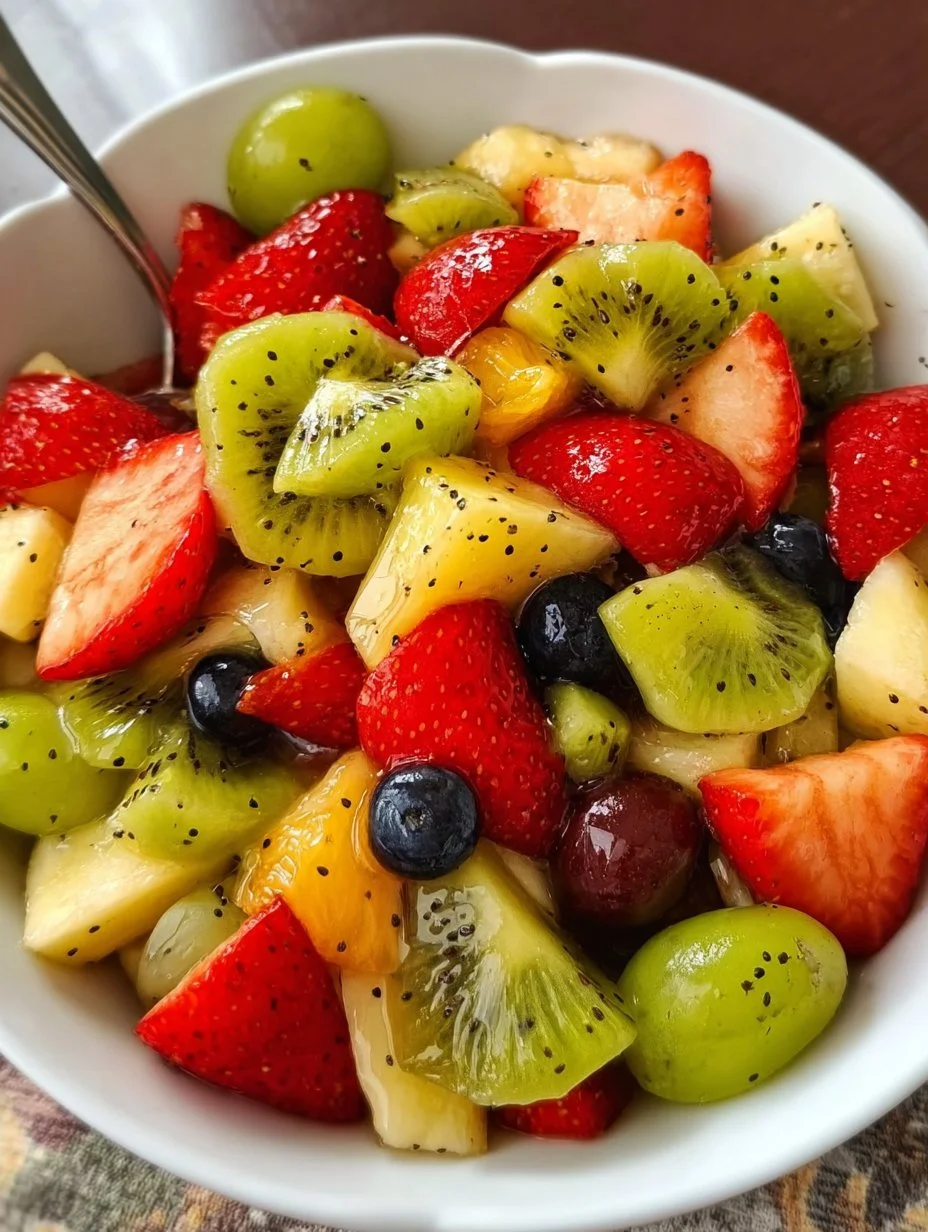 A vibrant bowl of easy fruit salad drizzled with honey.