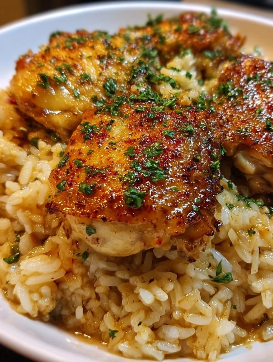 Delicious plate of Forgotten Chicken and Rice featuring tender chicken and fluffy rice