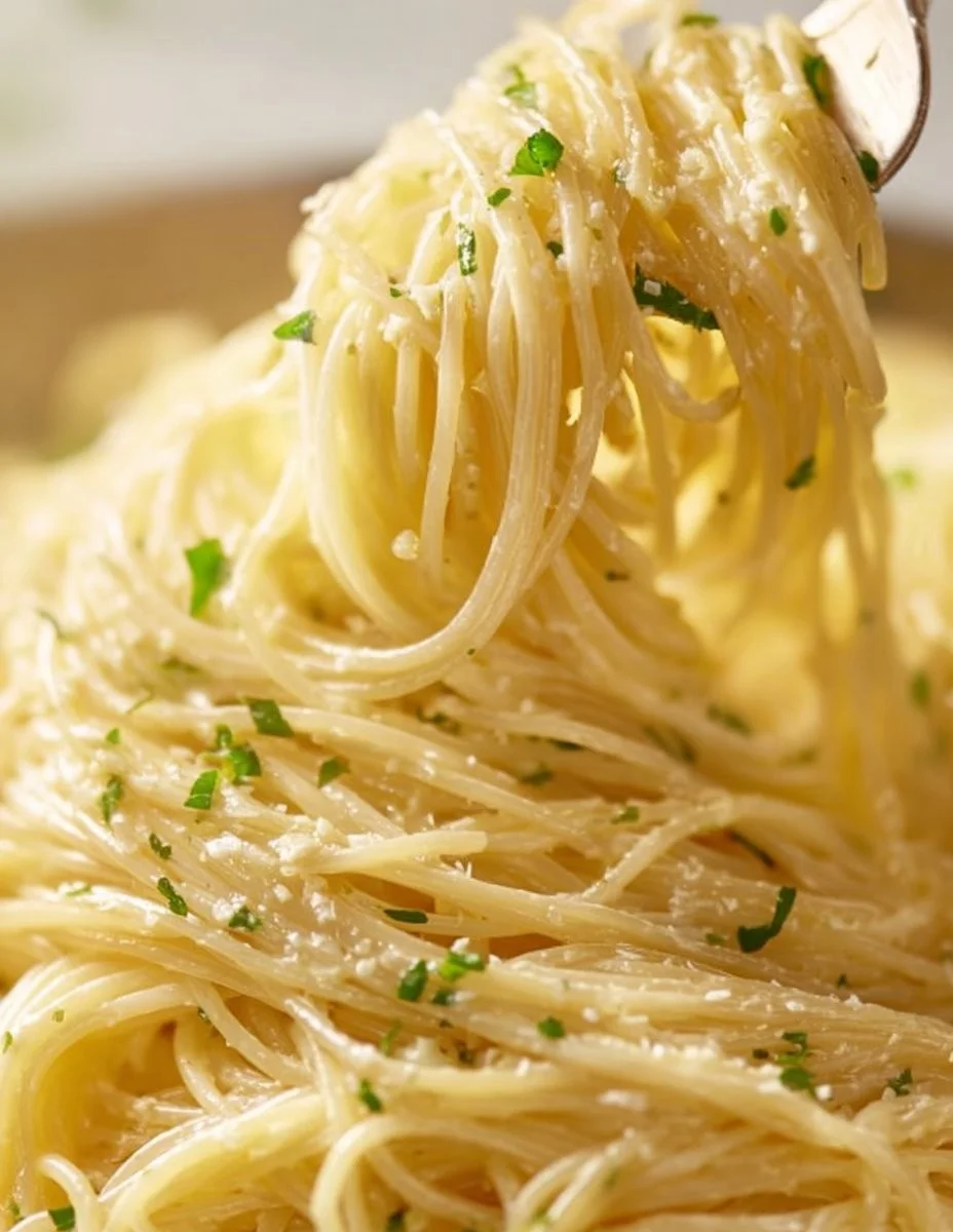 Delicious Garlic Parmesan Pasta garnished with fresh herbs