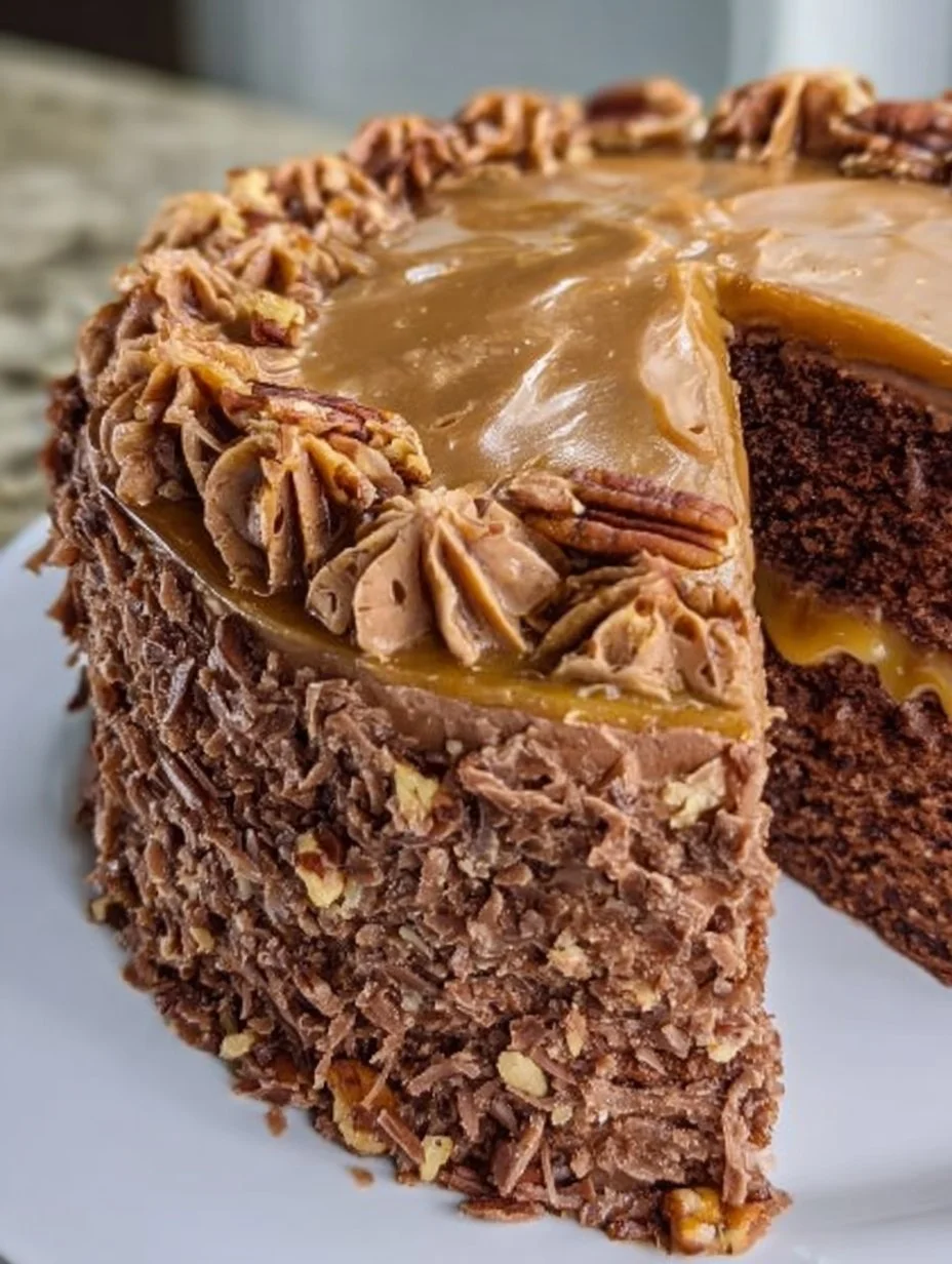 Deliciously layered German Chocolate Cake topped with coconut and pecan frosting